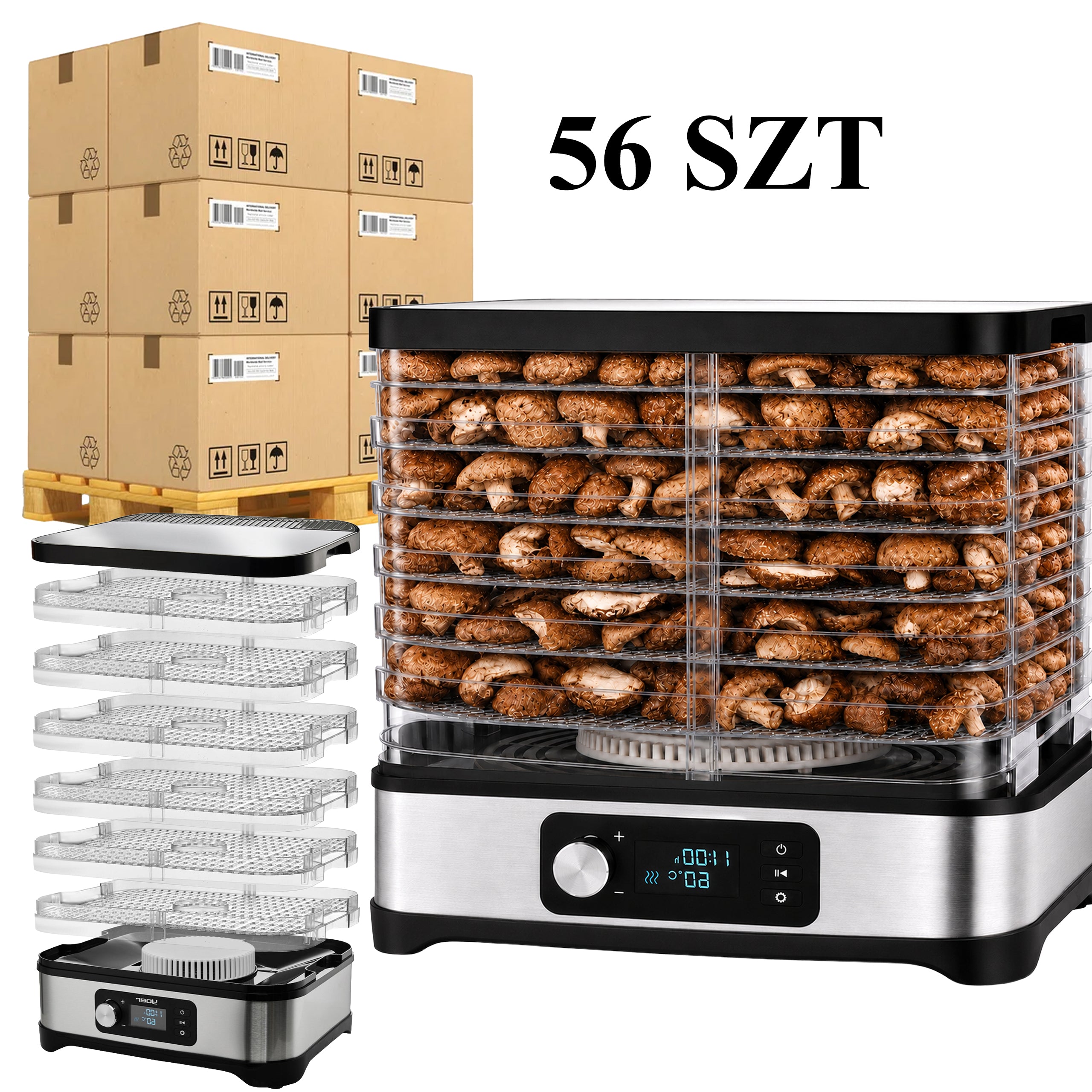 56 tk 600 W toidukuivatit seente, köögiviljade ja puuviljade kuivatamiseks, 6 riiuli ja LCD-ekraaniga RC-K-2491-15766