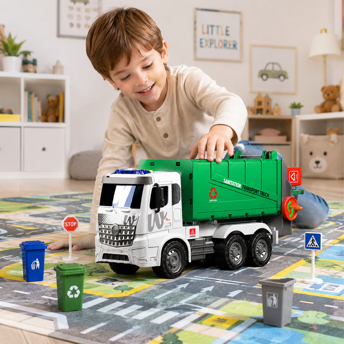 36x Giant Garbage Truck Toy 1:10 Scale with Lights, Sounds, and Lifting Function