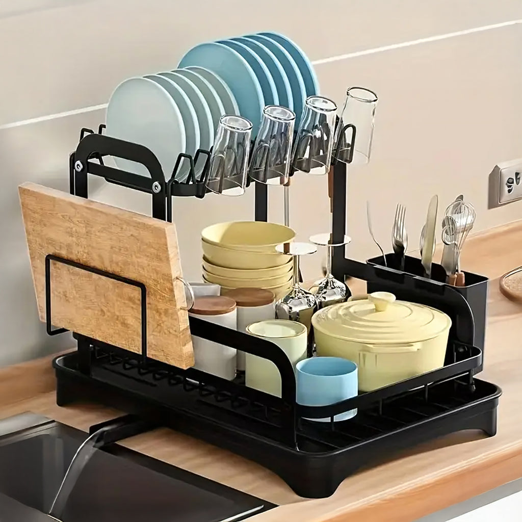 Two-Tier Large XXL Black Dish Drainer with Drain
