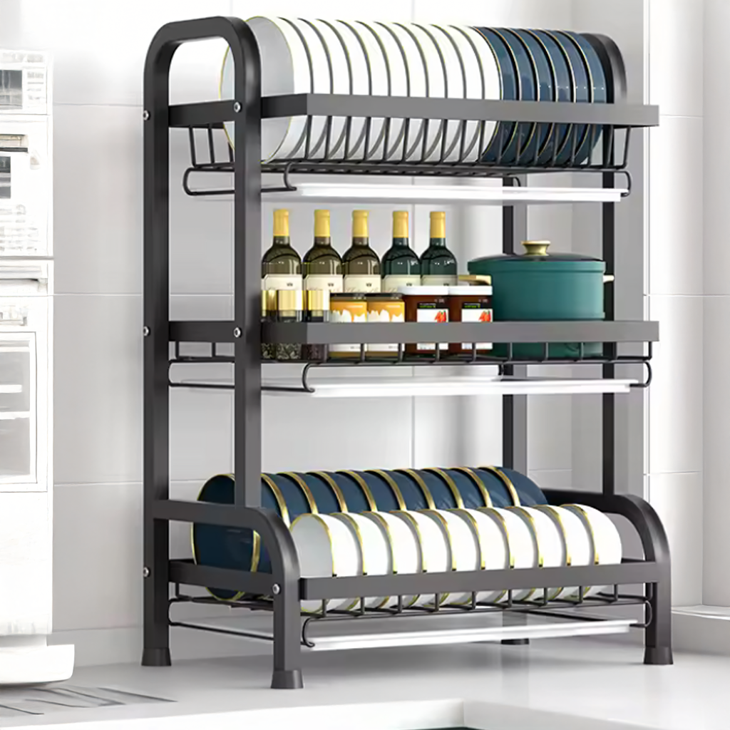 Dish Drying Rack Drainer Three-Tier Black Large XXL