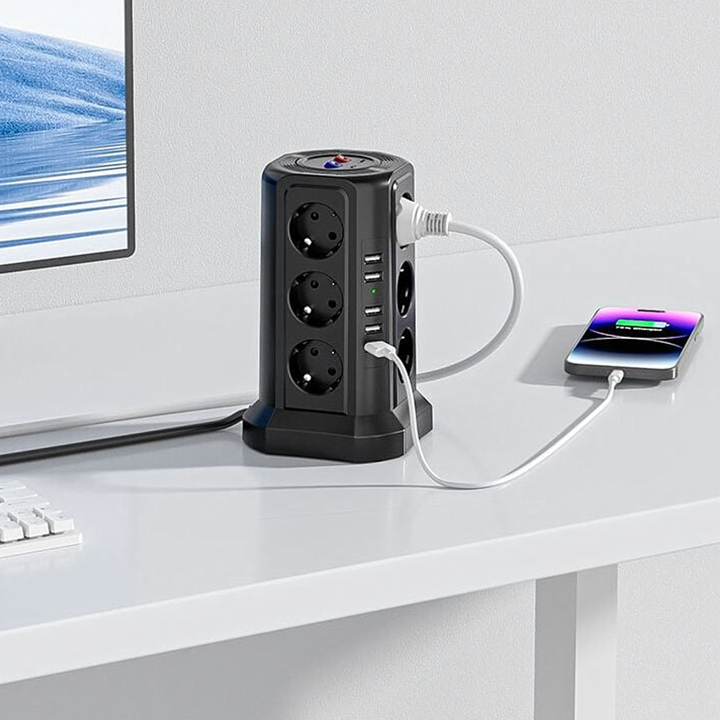 Püstine kaitsev pikendusjuhe välgukaitsega, 12 pistikupesa + 5 USB lähtestusporti