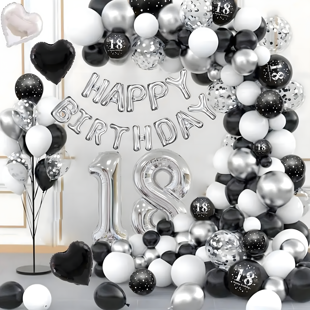 Õhupallikaare komplekt sünnipäeva õhupallid Black hõbedane valge 107 tk