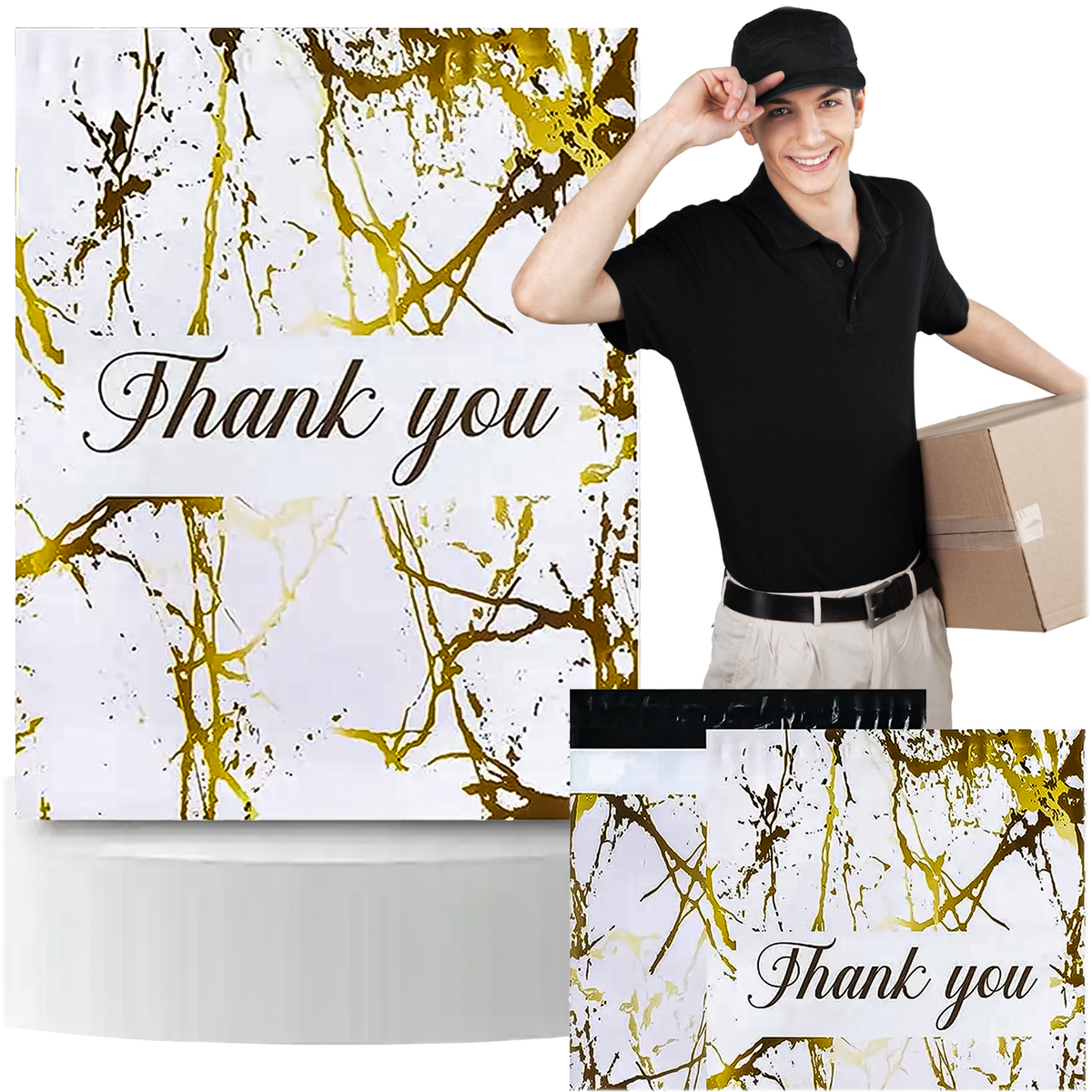 Kullerpolüümbrikud kuldse marmormustriga „Thank You“ 255 × 370 mm, 50 tk RC122-12179