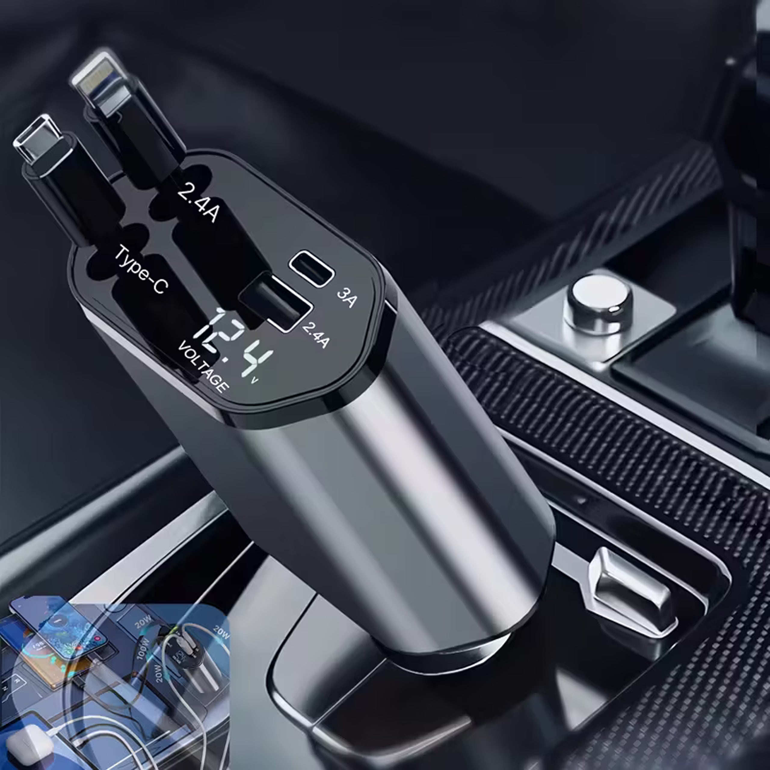 USB C IOS autolaadija liigendrullik 100W kiirlaadimine 80 cm