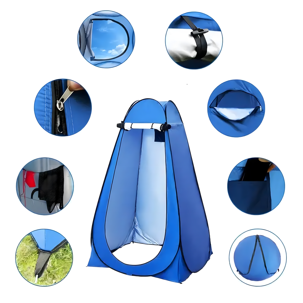 Kokkupandav rannatelk riietusruum dušš tualett turisti WC