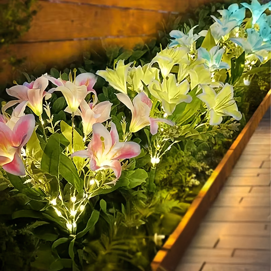 Päikesepatareiga aia piiklamp liiliaõie kujuga LED