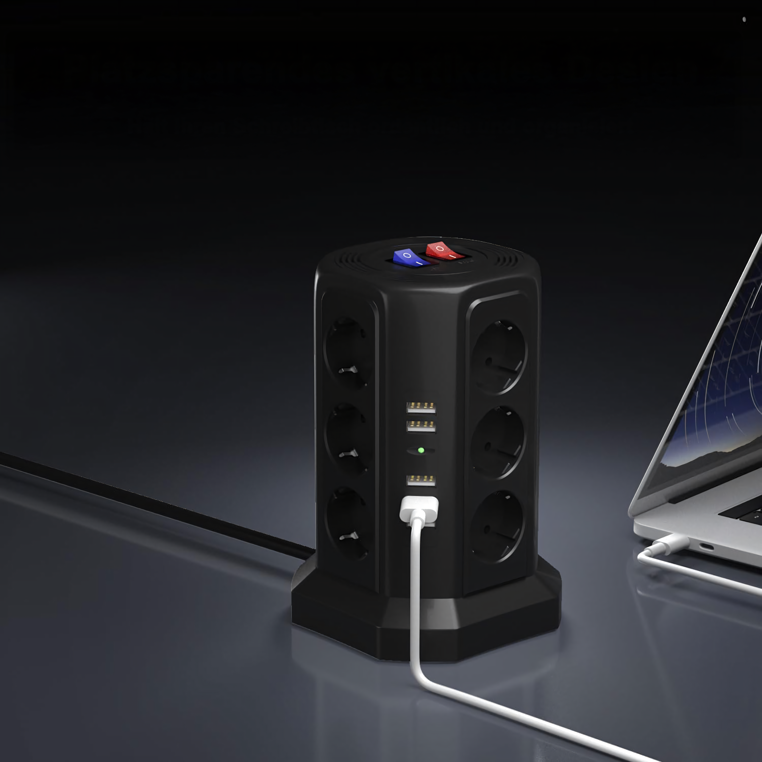 Püstine kaitsev pikendusjuhe välgukaitsega, 12 pistikupesa + 5 USB lähtestusporti