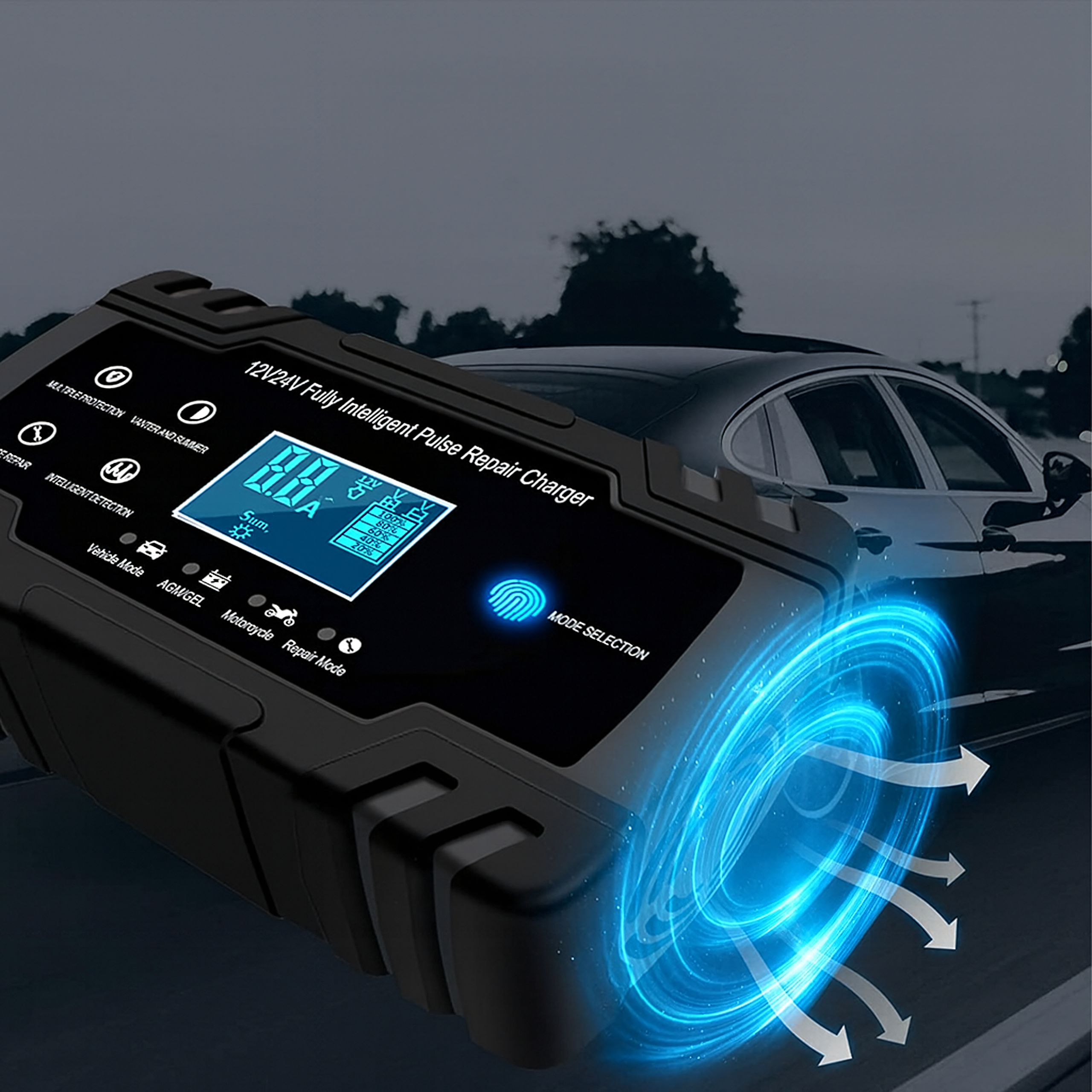 Võimas intelligentne alaldi akulaadija 12V 24V 4A 8A krokodillklemmidega