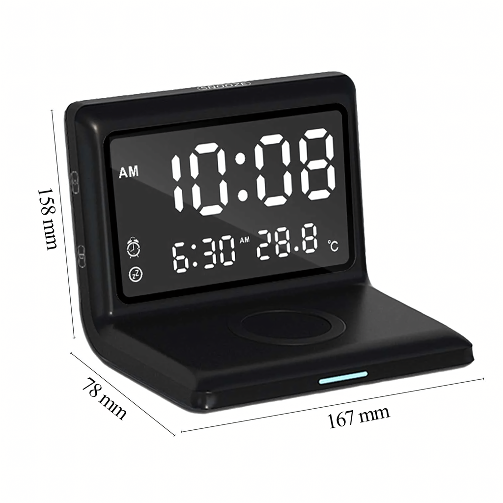 3in1 digitaalne äratuskell juhtmevaba laadija 15W temperatuuripeegel