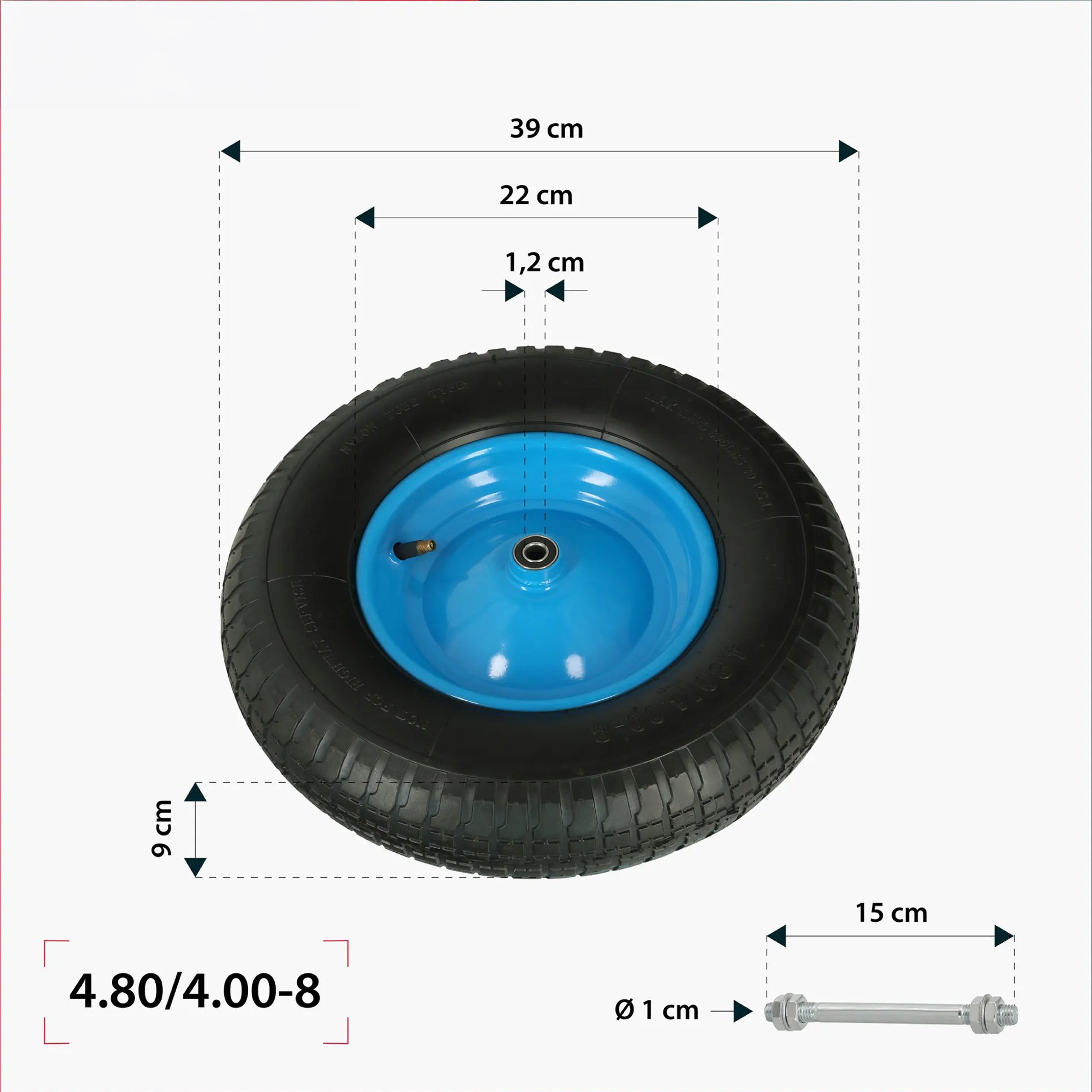 Complete Wheel for Wheelbarrow 2PR 4.00-8 with Inner Tube and Axle