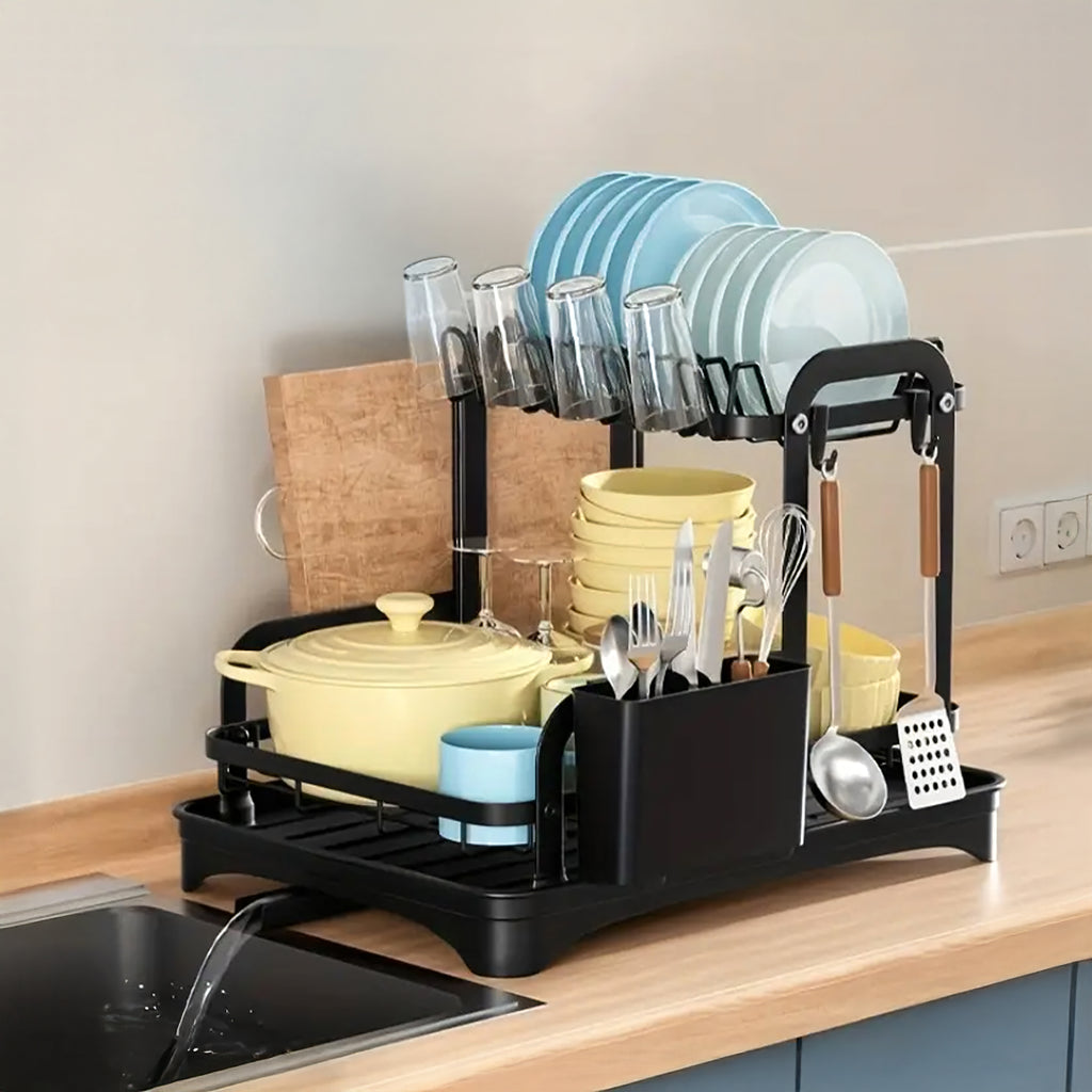 Two-Tier Large XXL Black Dish Drainer with Drain