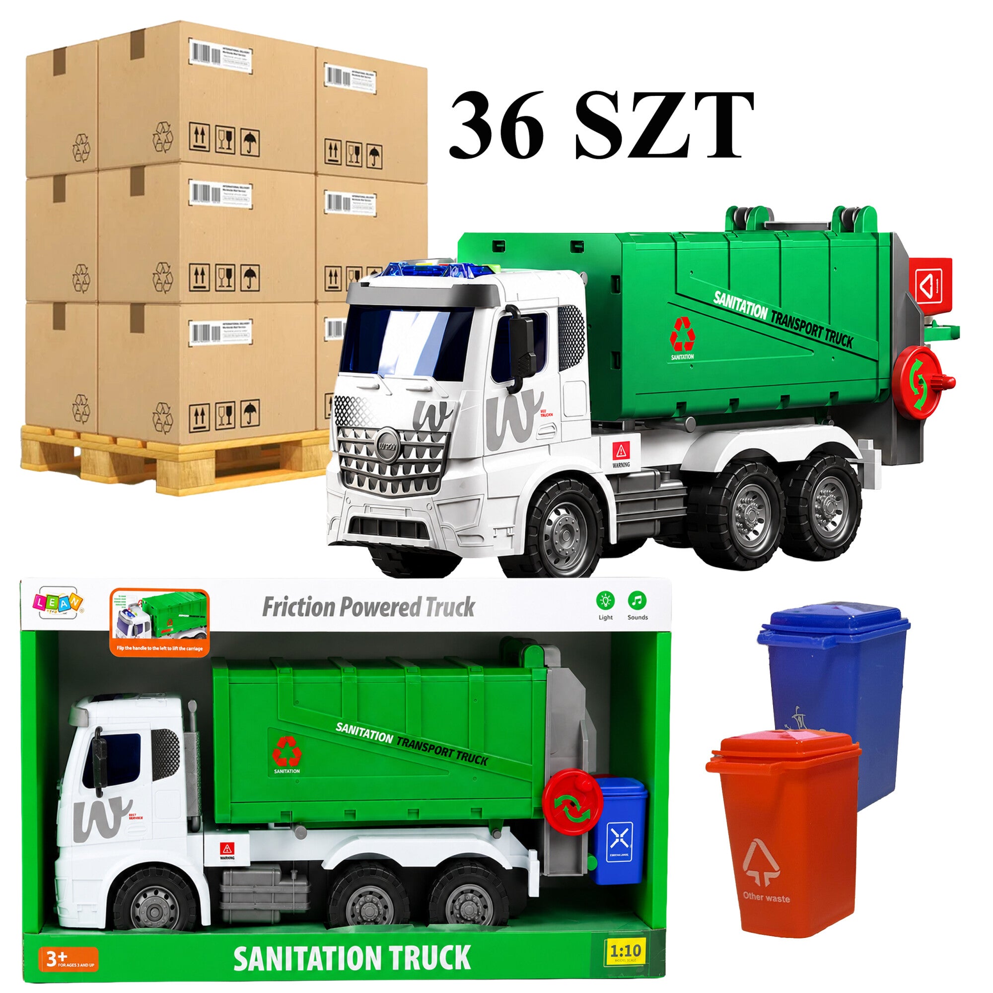36x Giant Garbage Truck Toy 1:10 Scale with Lights, Sounds, and Lifting Function