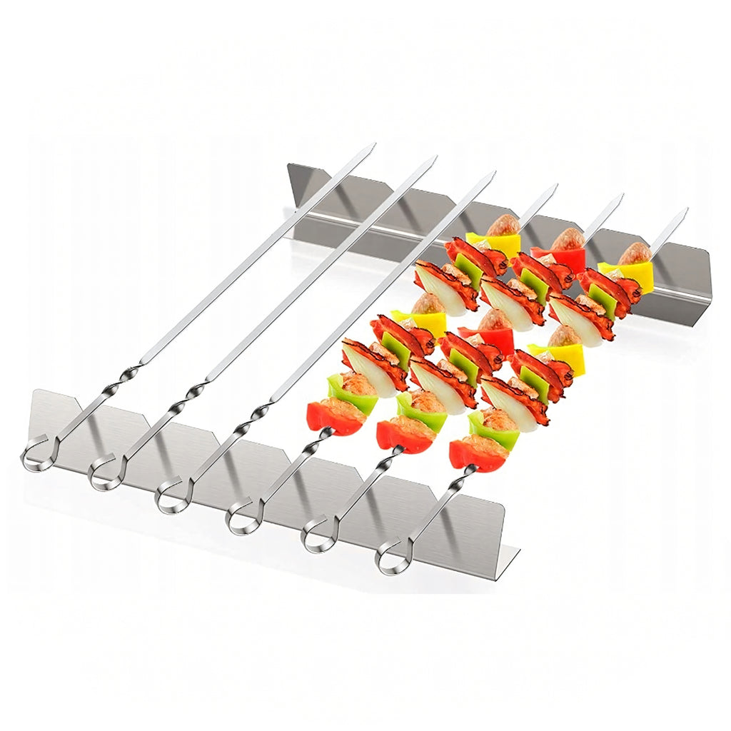 6x 6 Steel Skewers for Barbecue with Stand and Bag Set