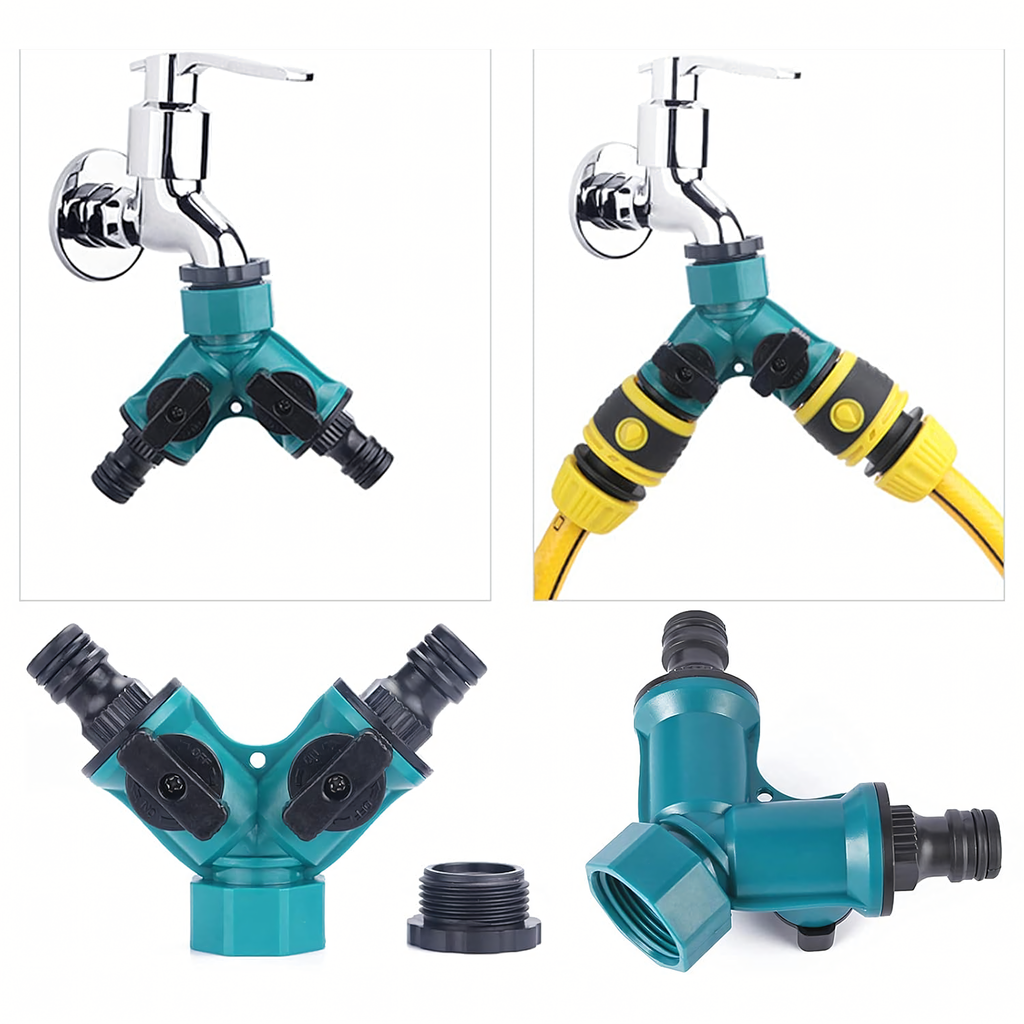 2-Way Garden Hose Tap Connector Reducer 1/2" to 3/4" with Valves