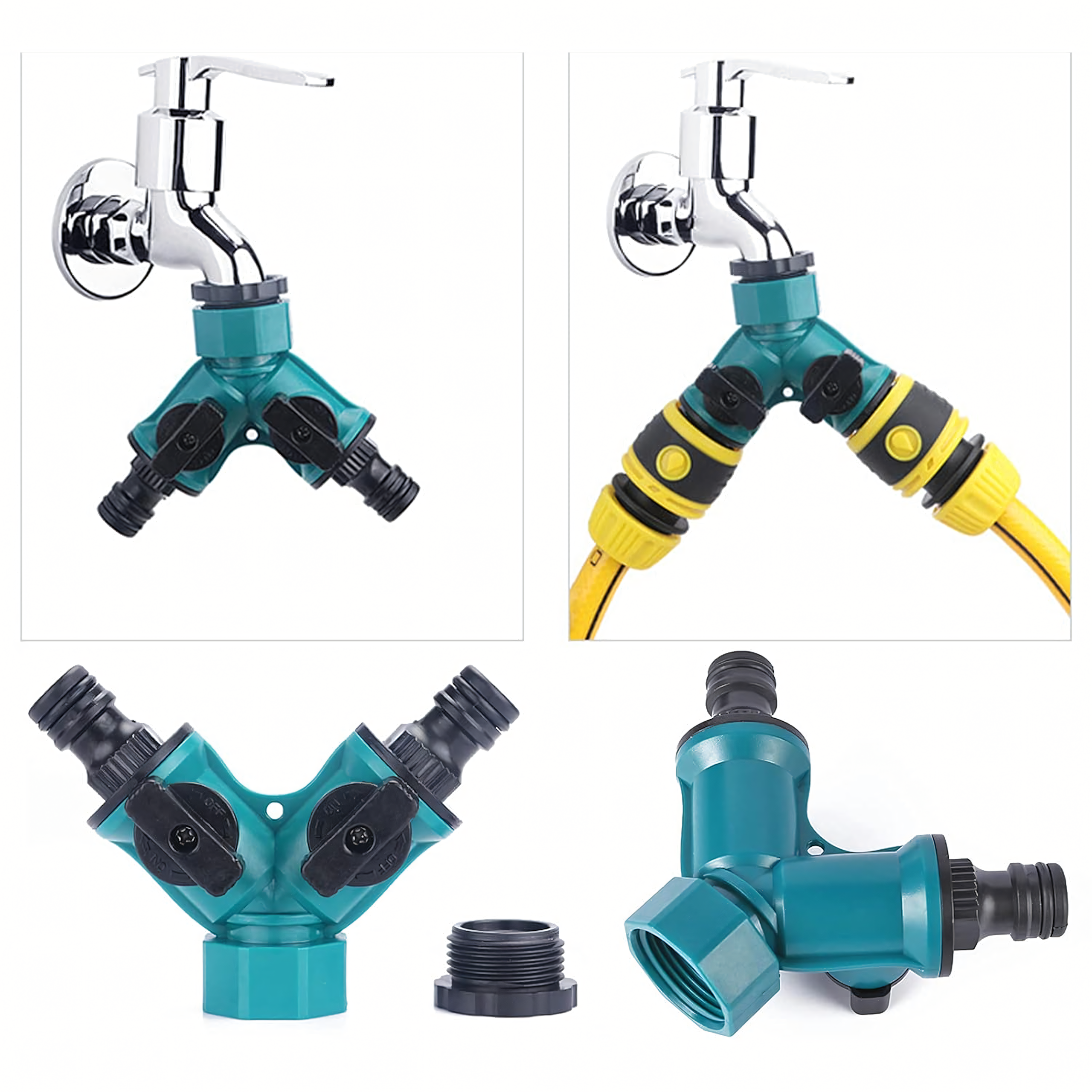 2-Way Garden Hose Tap Connector Reducer 1/2" to 3/4" with Valves