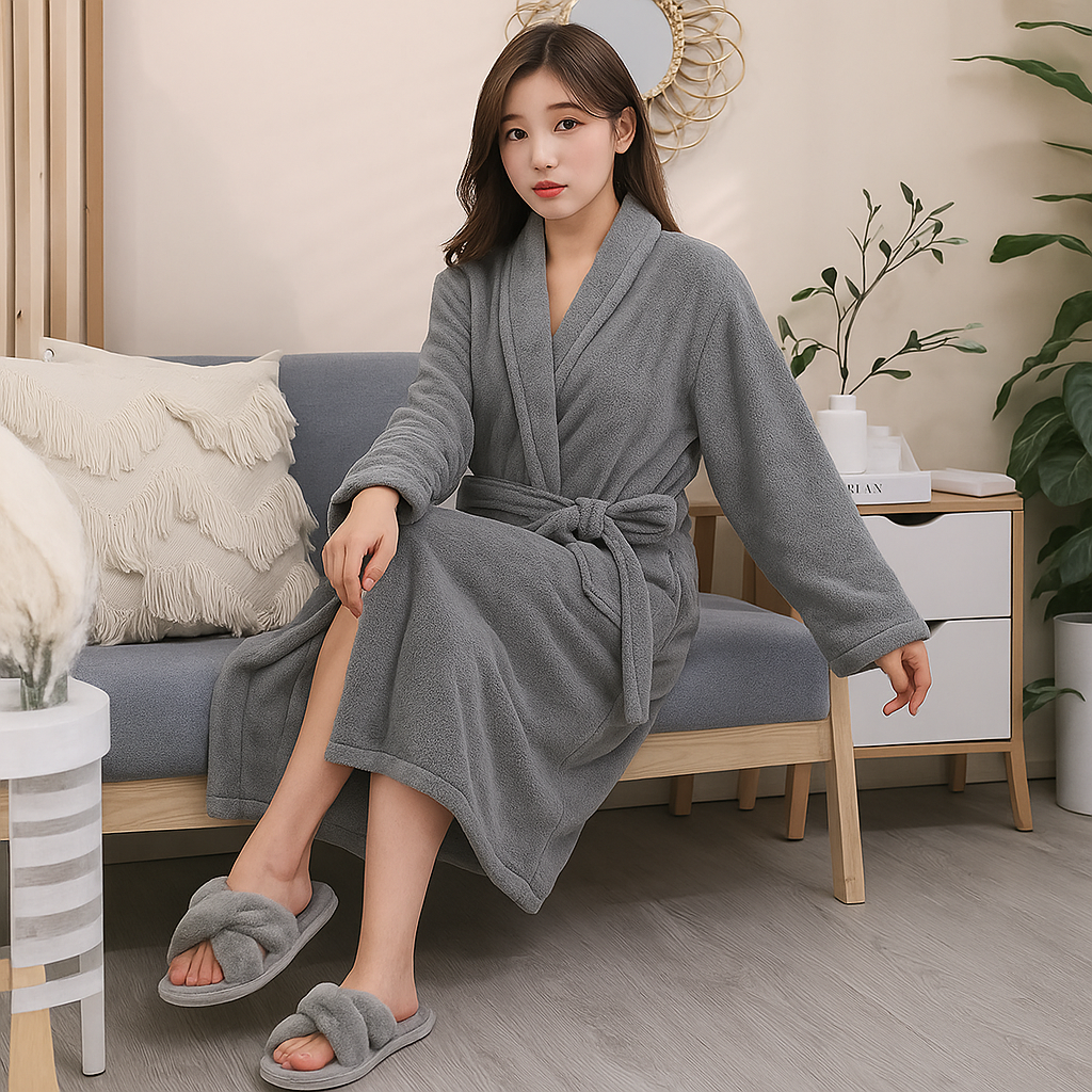 Classic Comfortable Warm Women's Hotel Bathrobe Tied Soft Gray