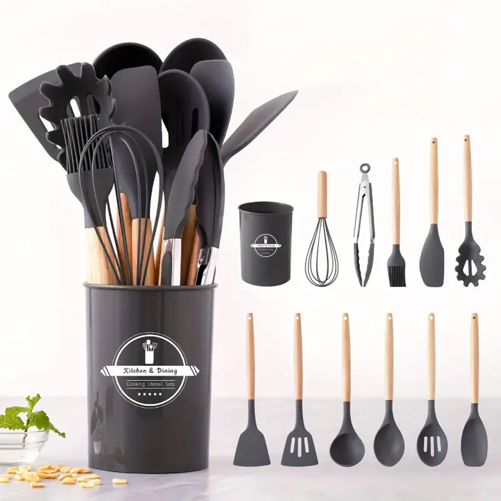 12-Piece Kitchen Utensil Set Silicone and Wooden Utensils