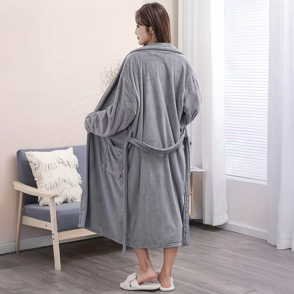 Classic Comfortable Warm Women's Hotel Bathrobe Tied Soft Gray
