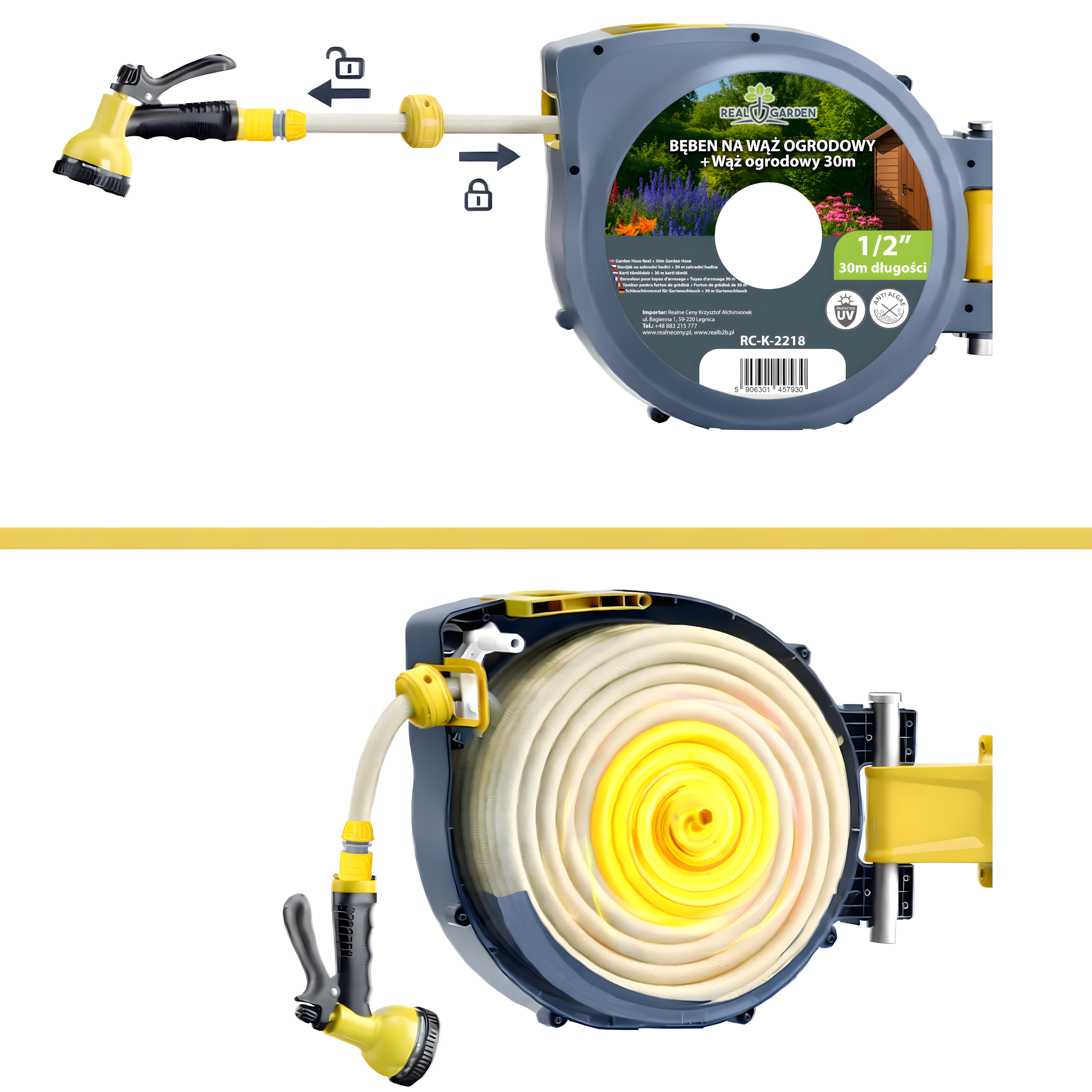 26x automaatne seinale kinnitatav aiavoolikurull 1/2" 30m