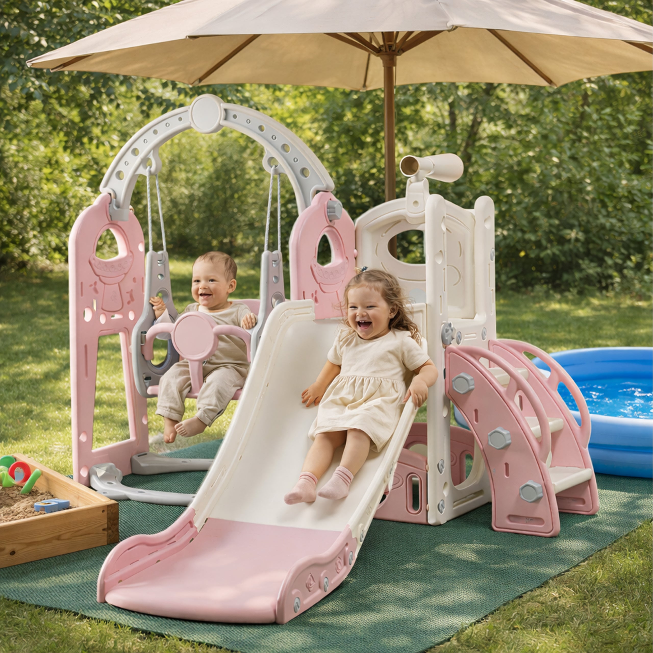 Free-Standing Children's Slide with Ladder and Swing