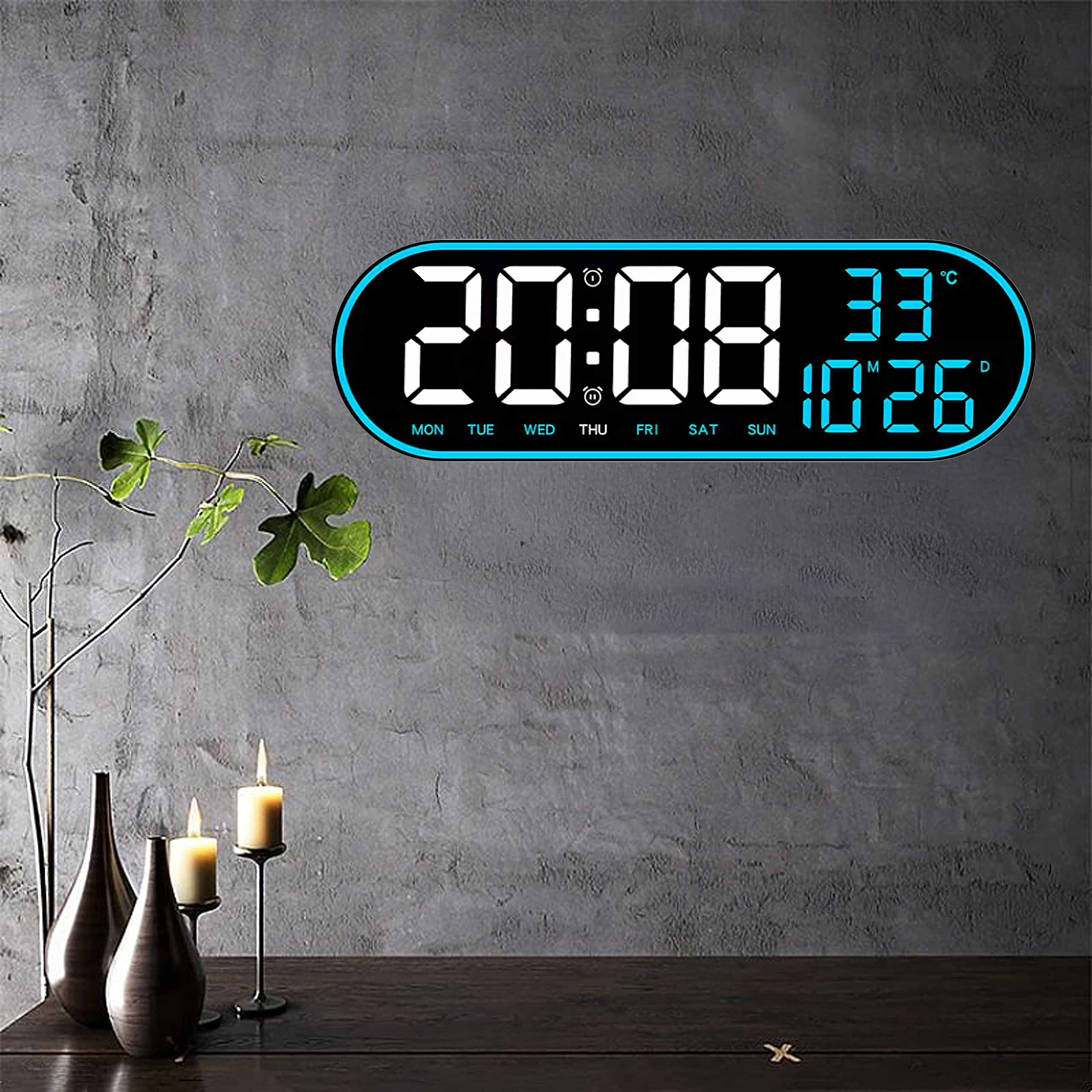 Large Digital Electronic Wall Clock LED 38 cm with Temperature and Alarm Remote