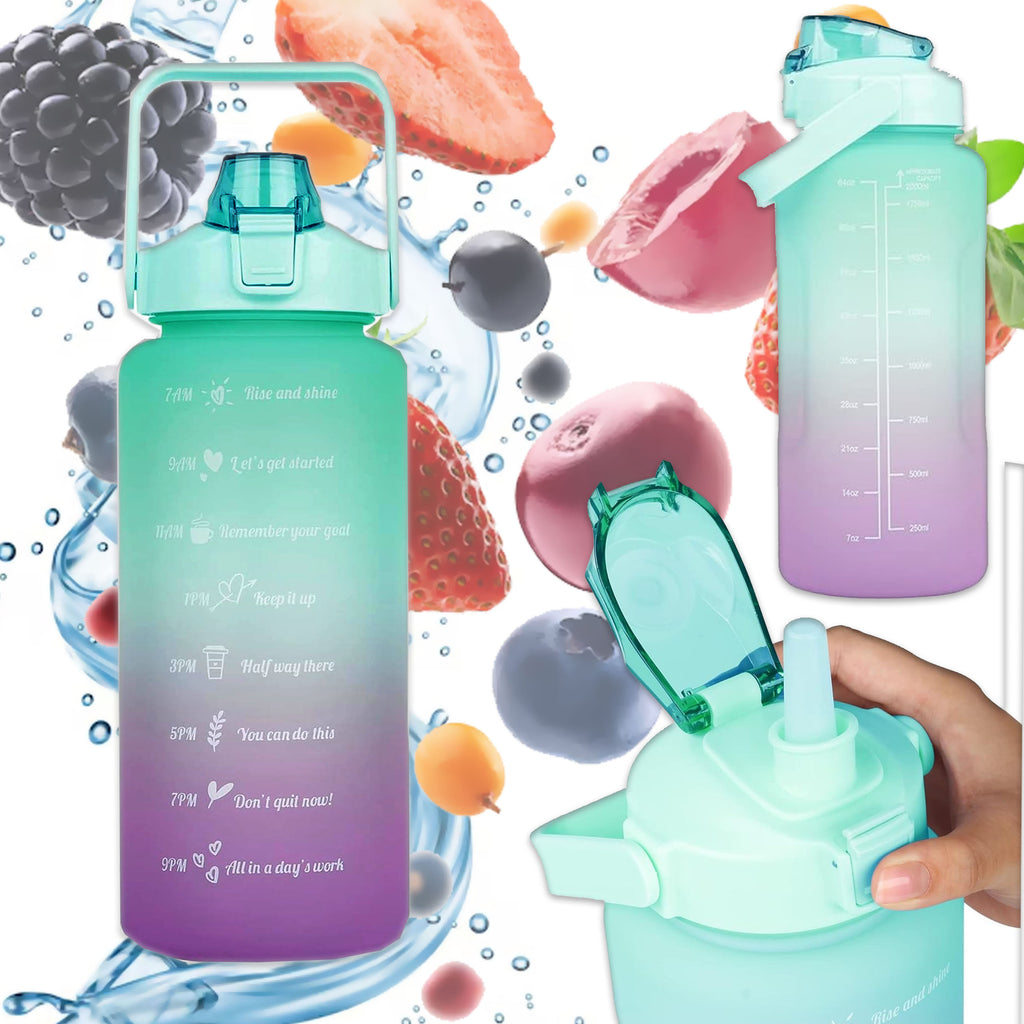 Motivational Water Bottle 2000ml 2L with Straw, Handle, and Measurement Markings