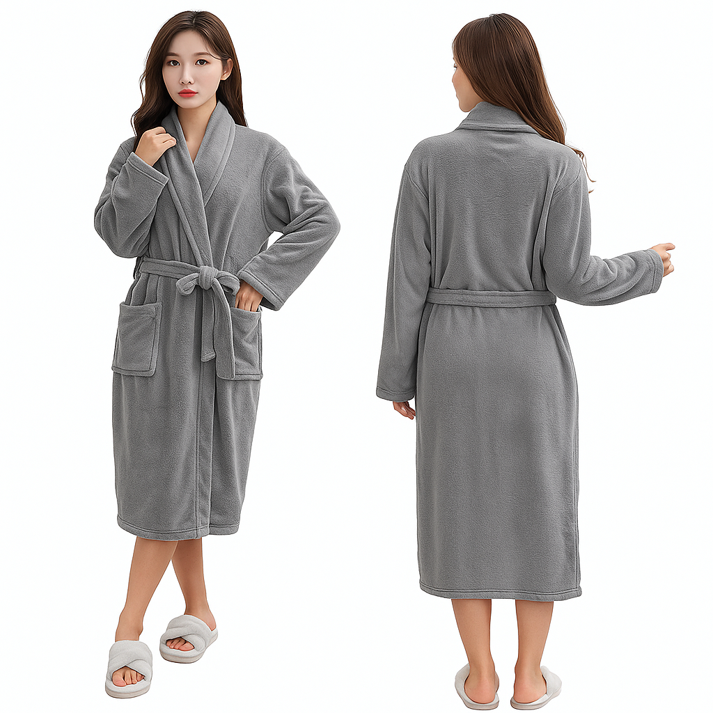 Classic Comfortable Warm Women's Hotel Bathrobe Tied Soft Gray