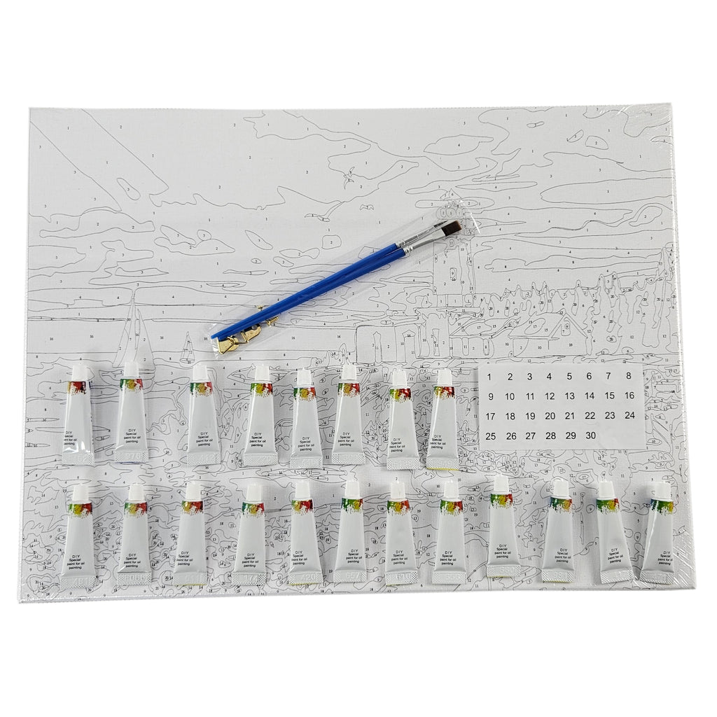 Numbrite järgi maalimise lõuend raamiga isetegemise komplekt pintslite ja värvidega 30x40