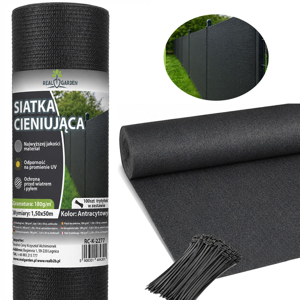Varjutus- ja kamuflaaživõrk 1.5x50m 95% katvusega aiapiirdeks 180g koos 100 sidemega