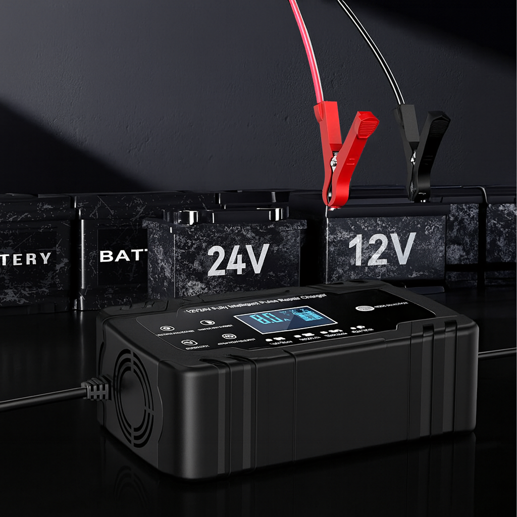 Võimas intelligentne alaldi akulaadija 12V 24V 4A 8A krokodillklemmidega