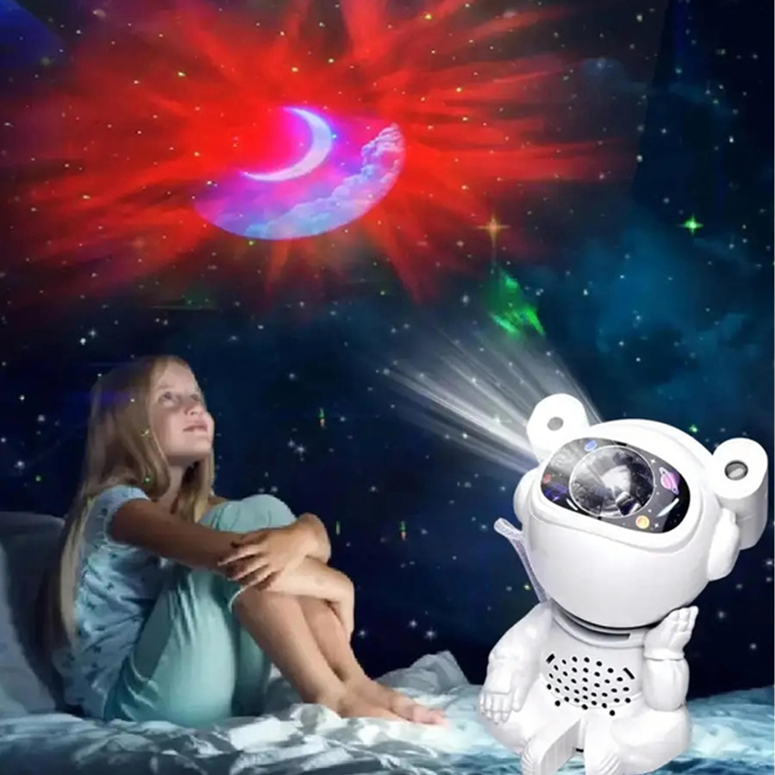 Astronaut Täheprojektor Öölamp Projektor Lastele Kosmos USB Kaugjuhtimispult