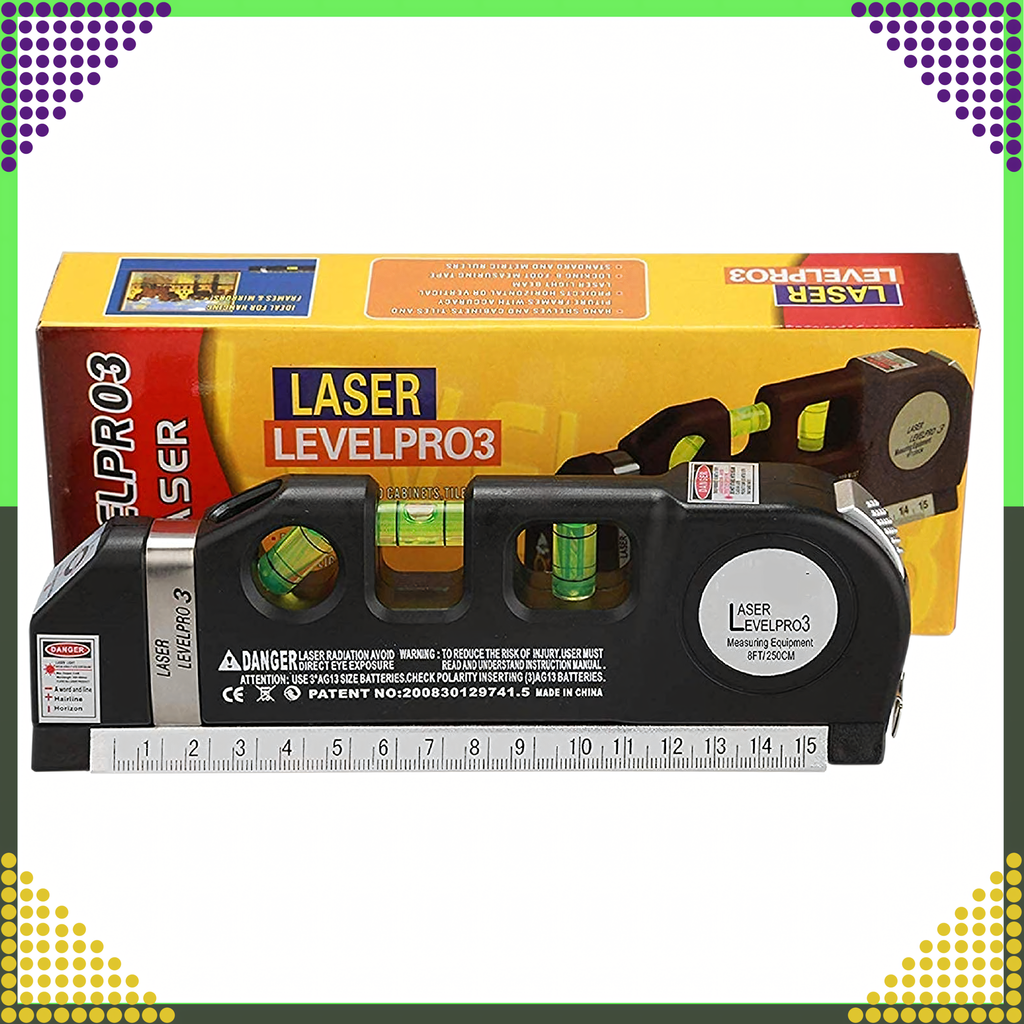 Laserlood koos mõõduga 250 cm, 3 taset, valguslood + patareid