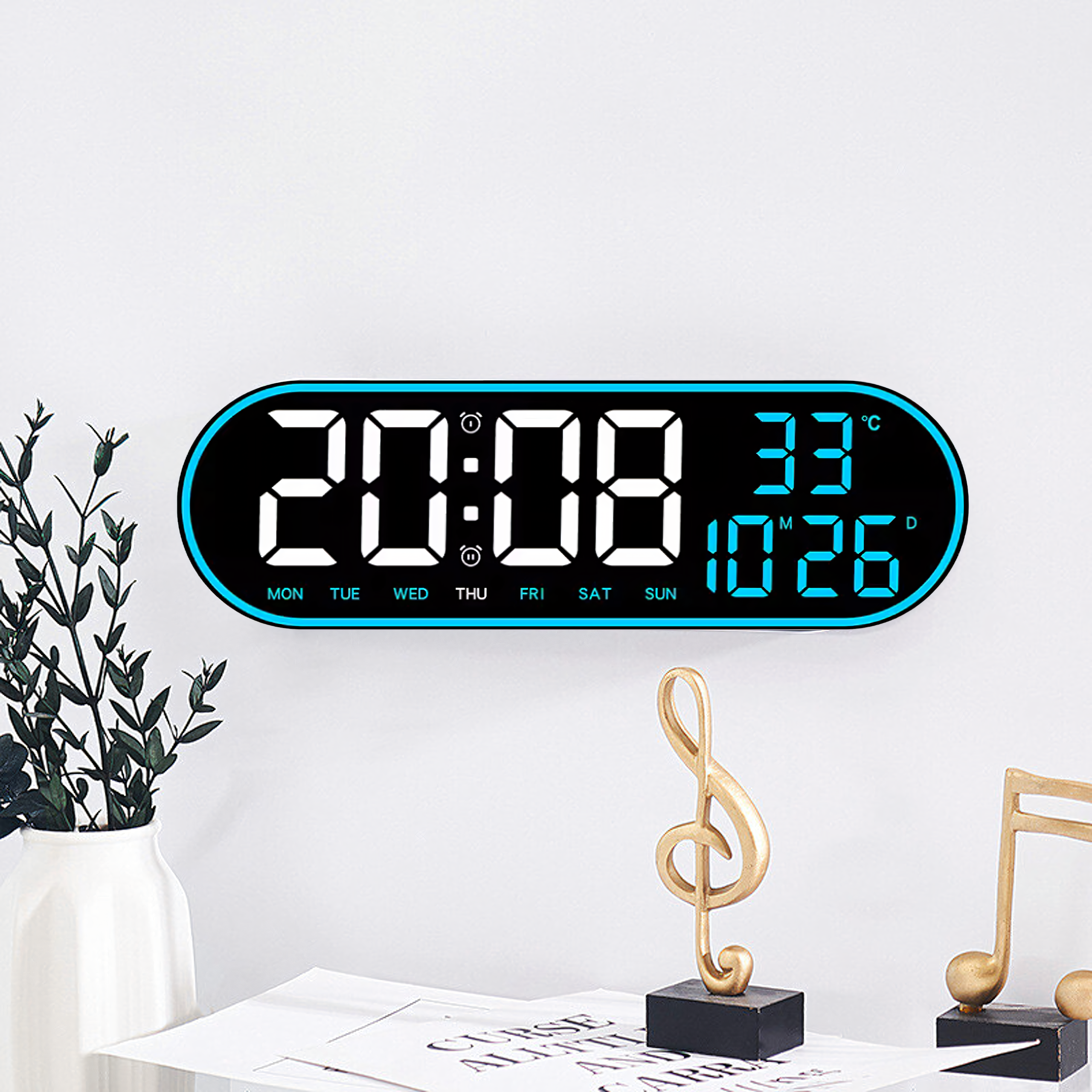 Large Digital Electronic Wall Clock LED 38 cm with Temperature and Alarm Remote