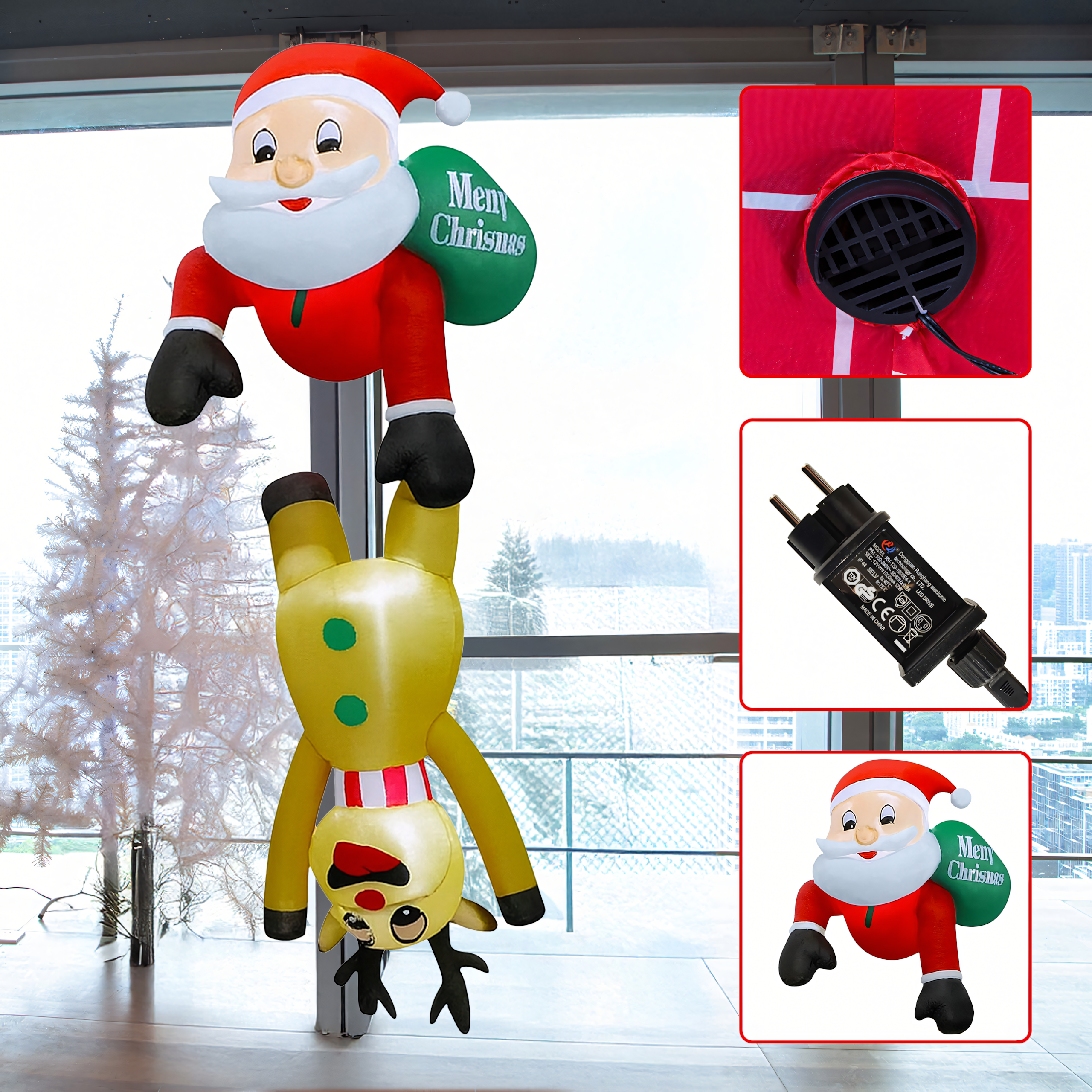 Täispuhutav jõuluvana põhjapõdraga 2.1m jõulukaunistus, LED-taustvalgustus