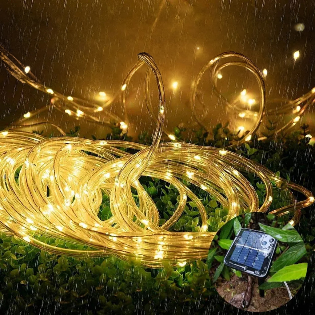 Päikeseenergial töötav soe valge LED-valguskett 12 m 8 režiimi RC-K-2873