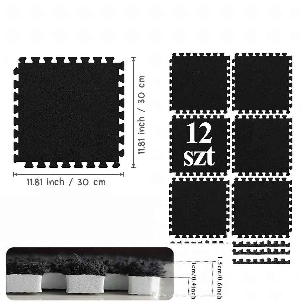 12x EVA Foam Puzzle Plush Mat Floor Carpet Black 30x30cm