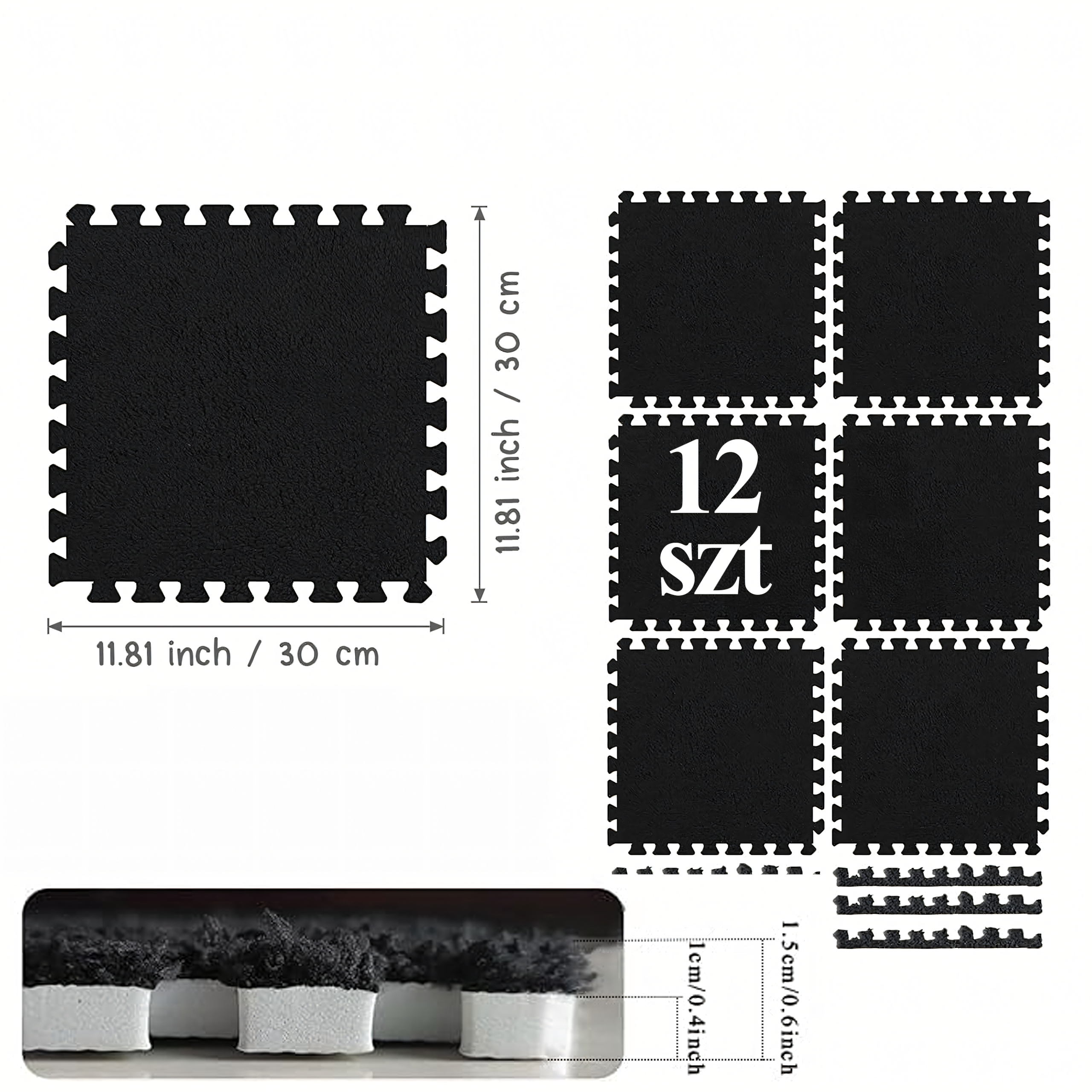 12x EVA Foam Puzzle Mat Plush Floor Carpet Black 30x30cm