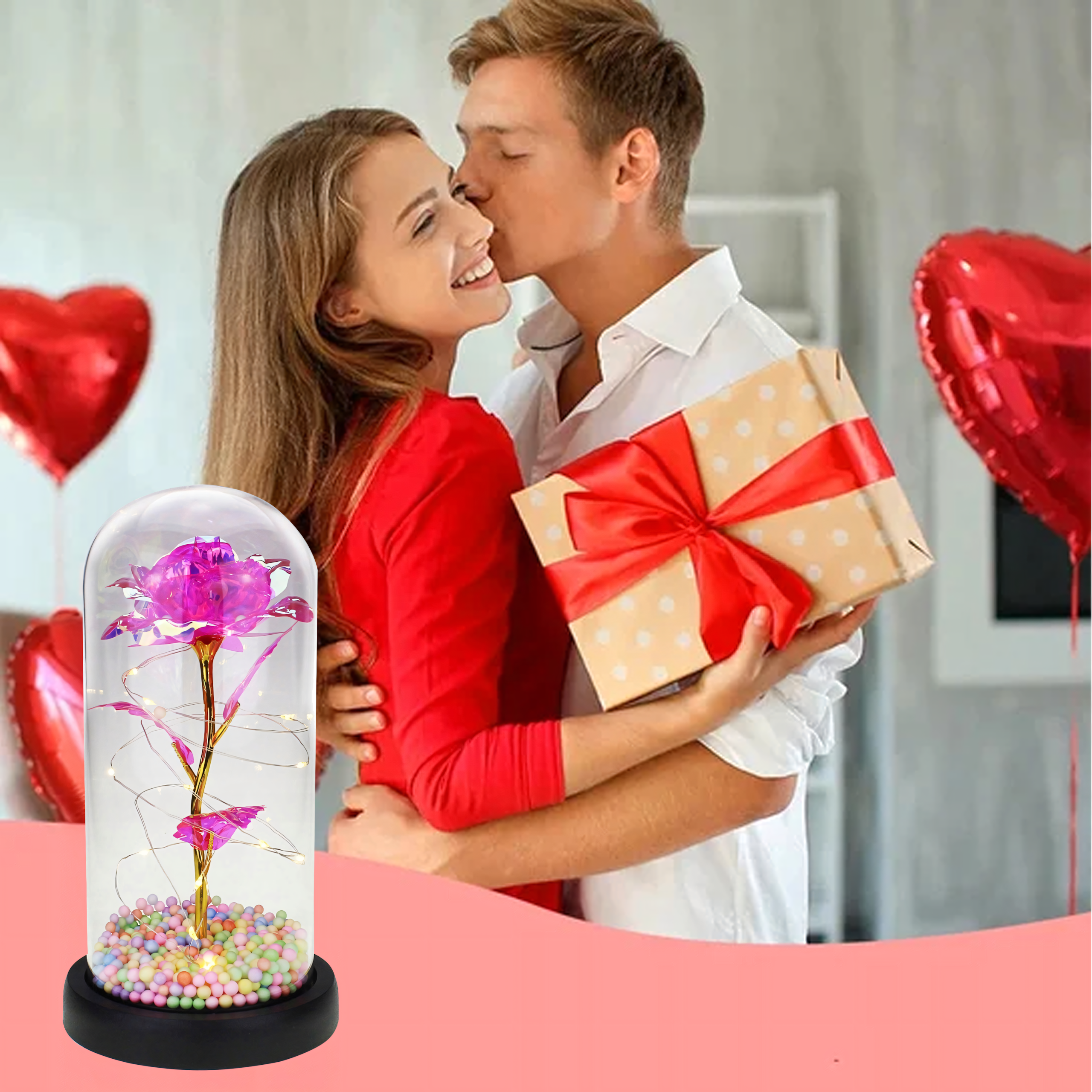 Igavene roos klaasis, helendav LED, ehtne roosa kingiidee