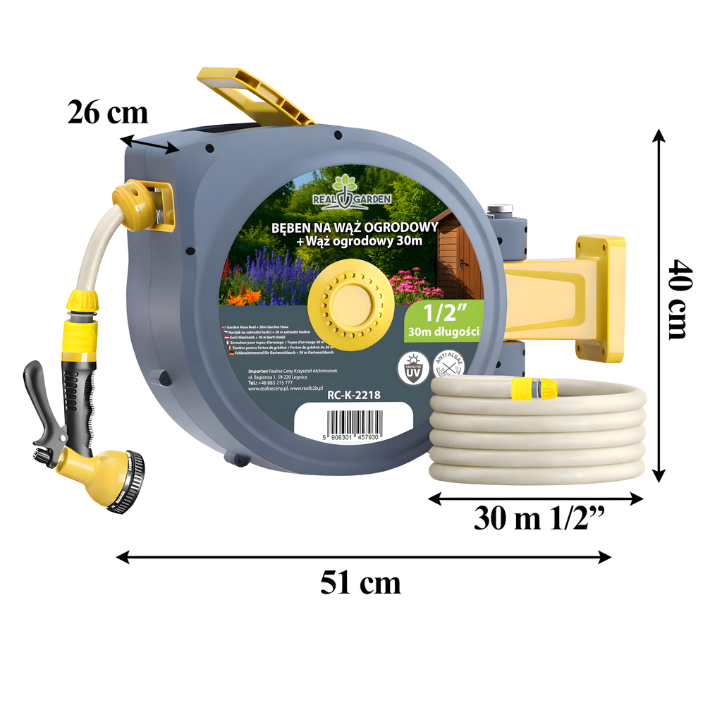 Automatic Wall-Mounted Hose Reel 1/2" 30m Set