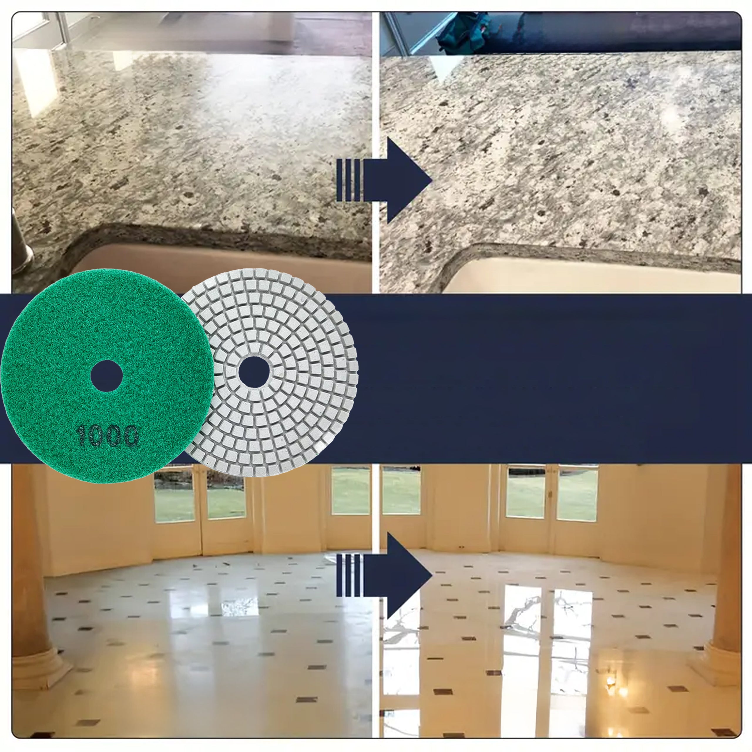 10x teemantpoleerimisketas 80mm portselanplaatide lihvimiseks takjakinnitusega 1000