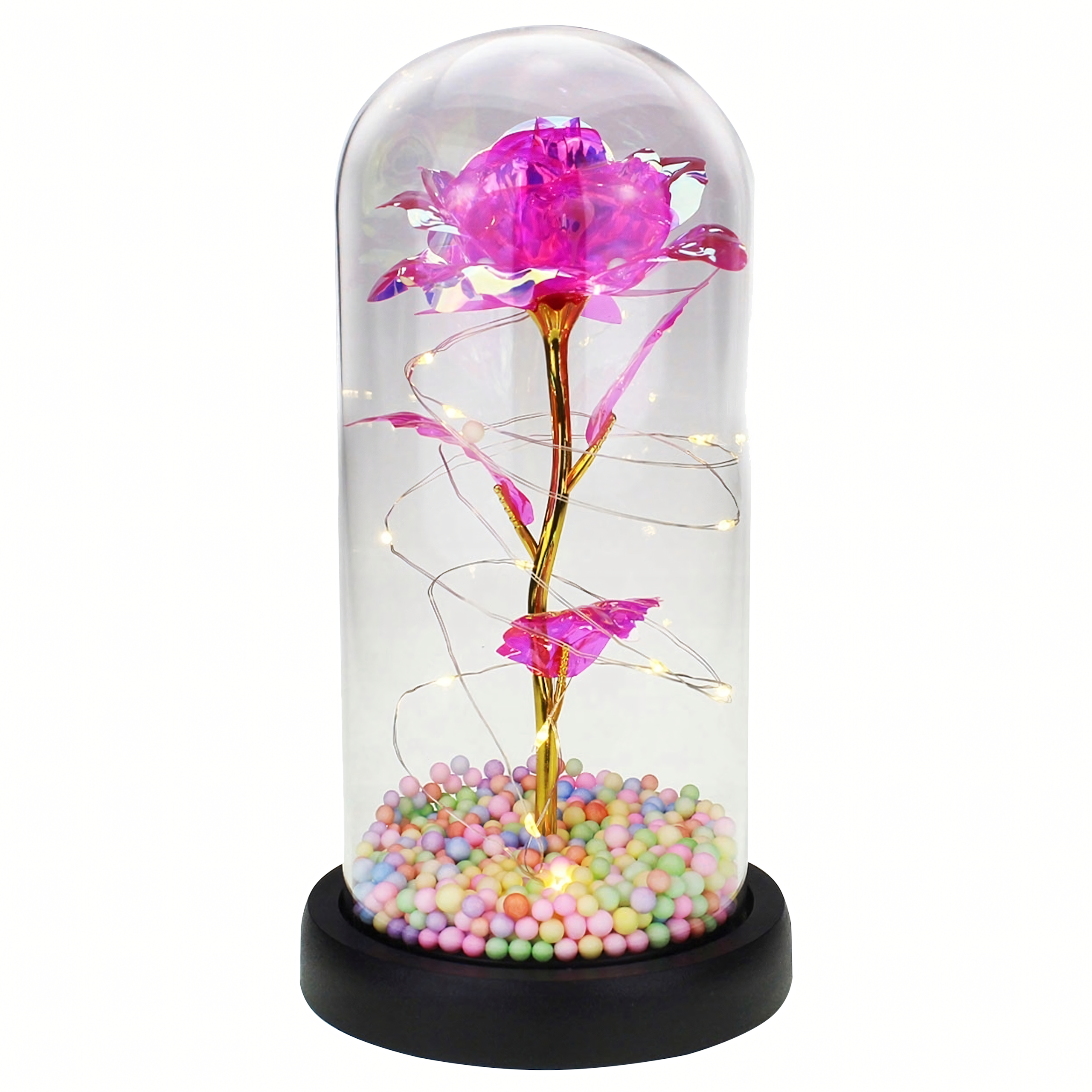 Igavene roos klaasis, helendav LED, ehtne roosa kingiidee