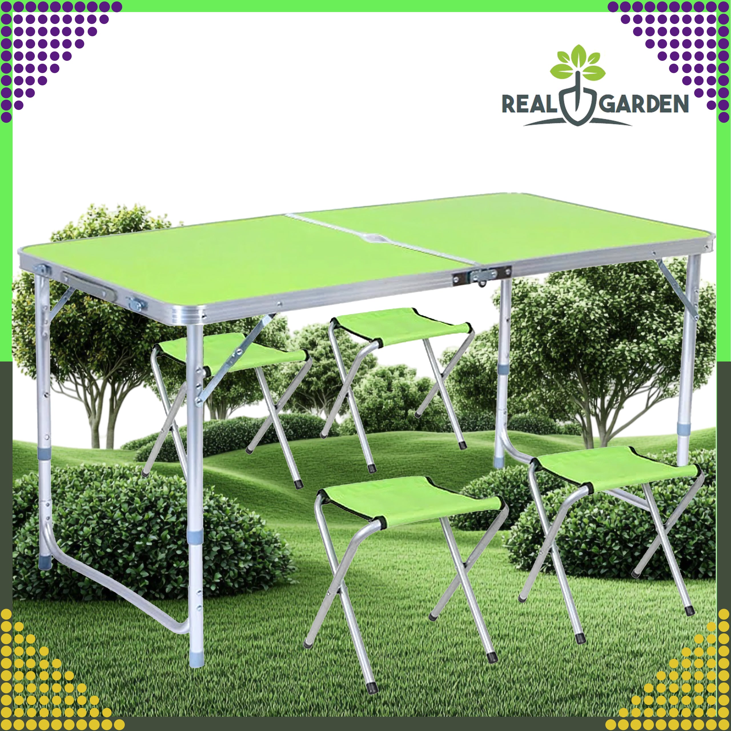 Set: Folding Camping Tourist Table, Large, 4 Chairs, Suitcase