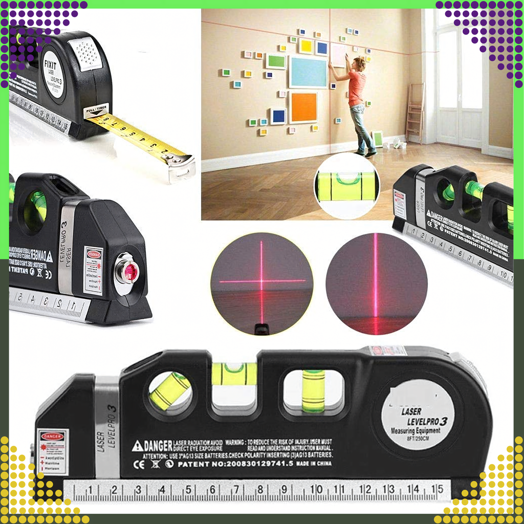 Laserlood koos mõõduga 250 cm, 3 taset, valguslood + patareid