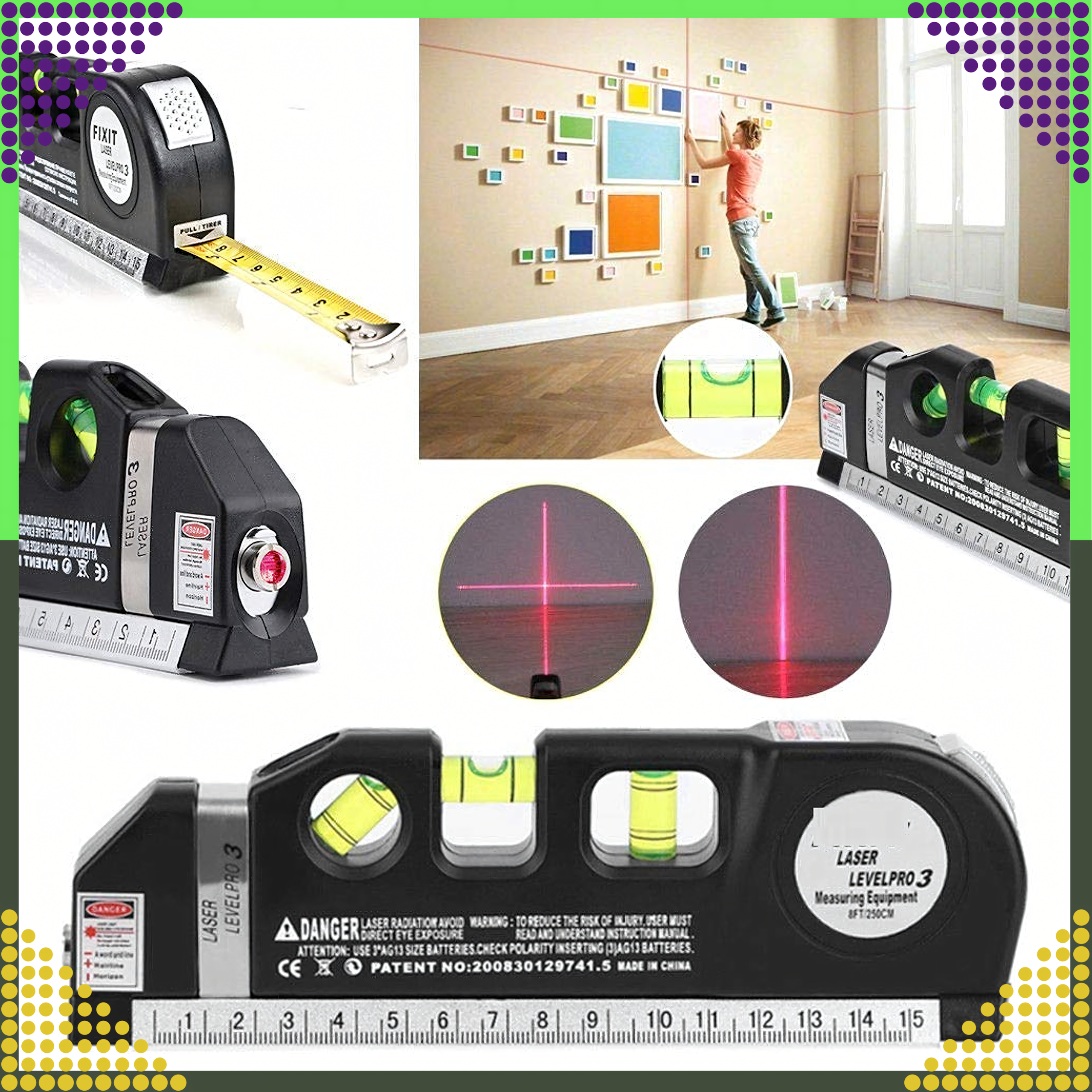 Laserlood koos mõõduga 250 cm, 3 taset, valguslood + patareid