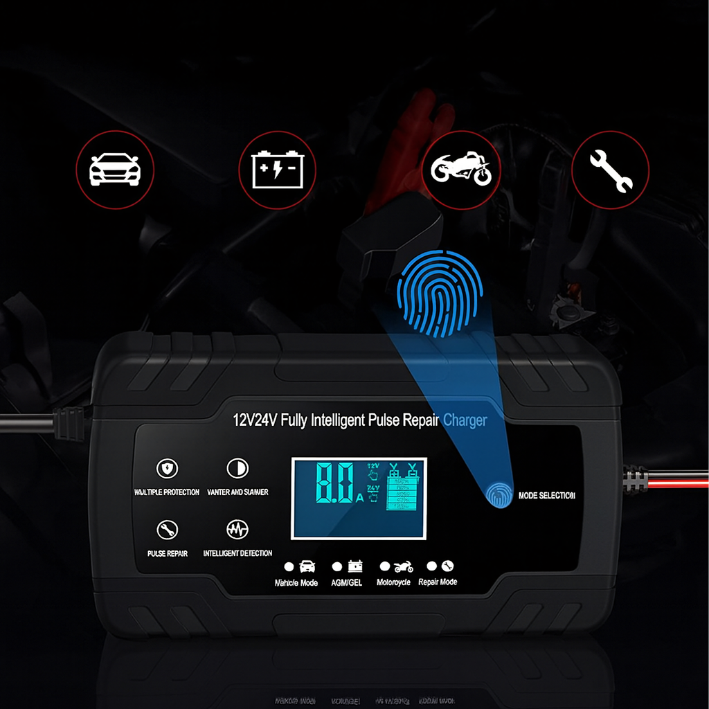 Võimas intelligentne alaldi akulaadija 12V 24V 4A 8A krokodillklemmidega