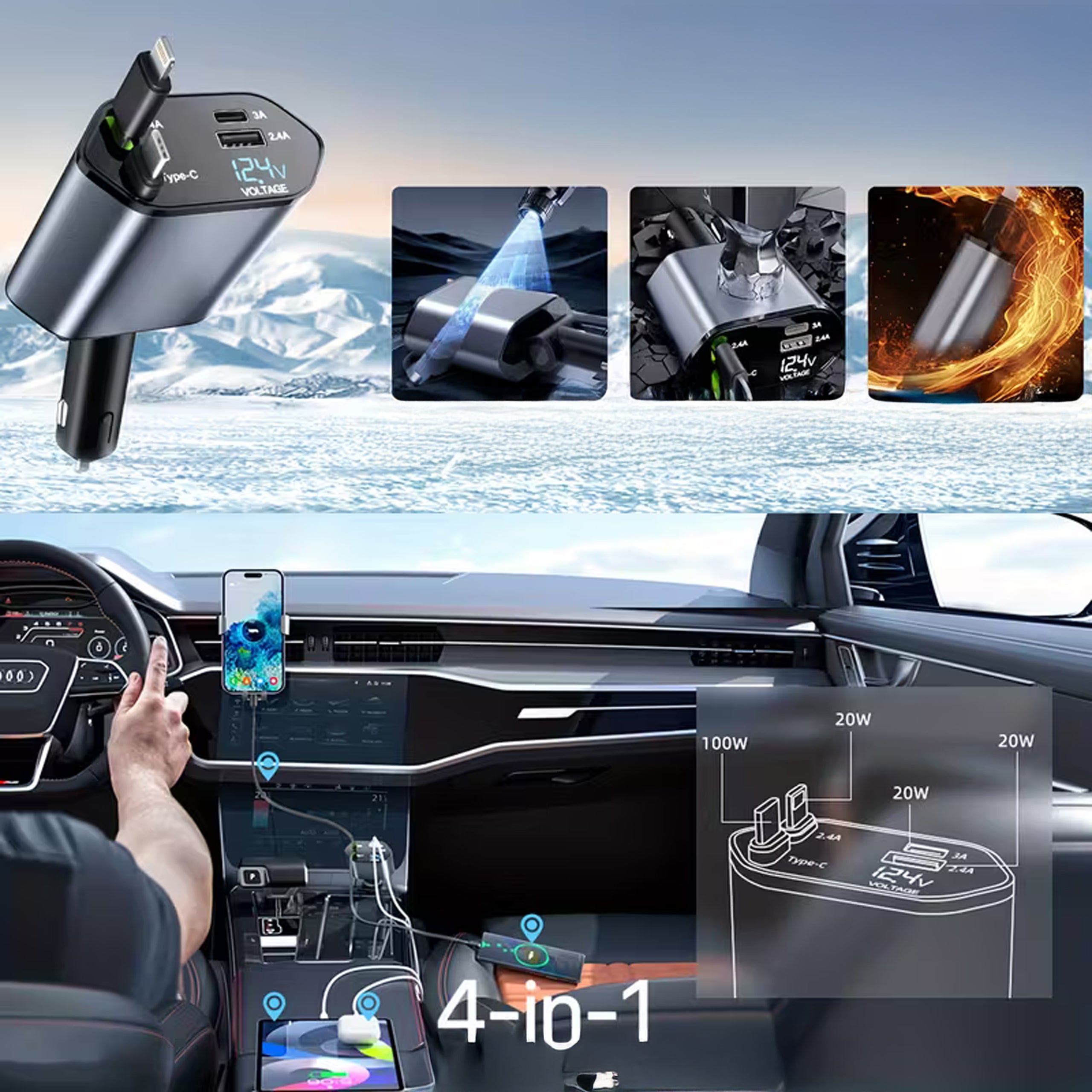 USB C IOS autolaadija liigendrullik 100W kiirlaadimine 80 cm