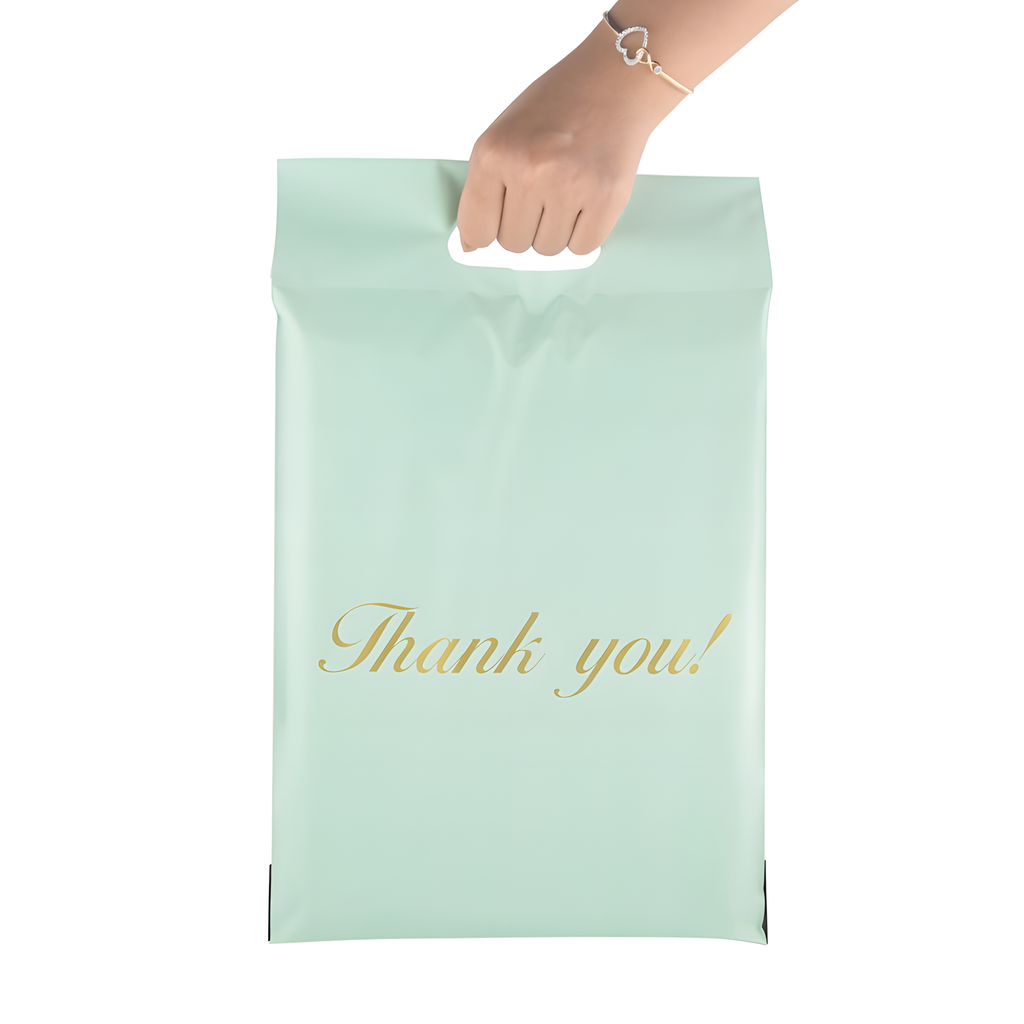 Mündirohelised käepidemega kullerpostikotid „Thank You“ 400 × 500 + 70 cm, 50 tk RC083