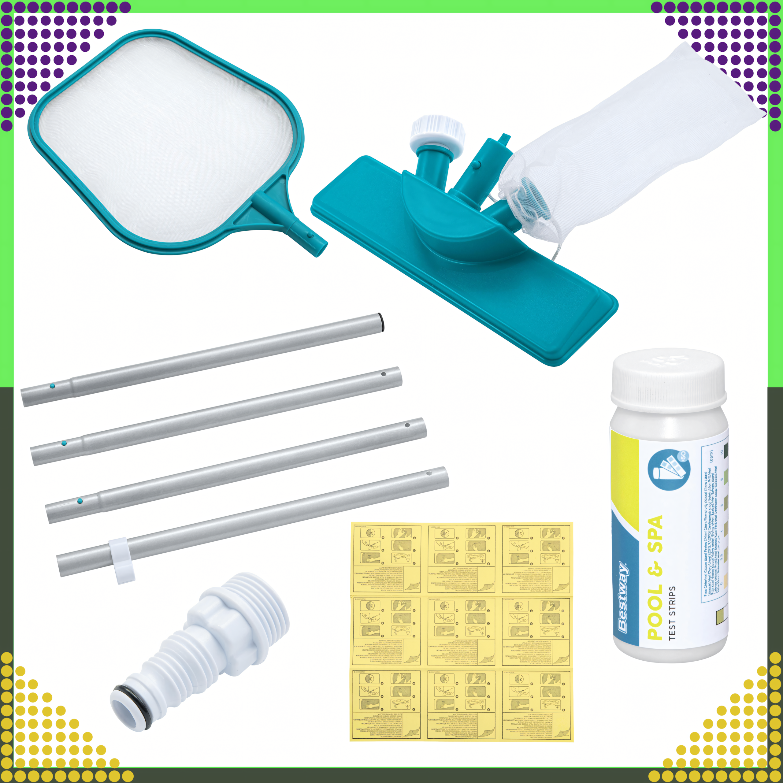Bestway 58794 basseini hooldus- ja puhastuskomplekt võrguga, pulgaga, pH ribade ja plaastriga