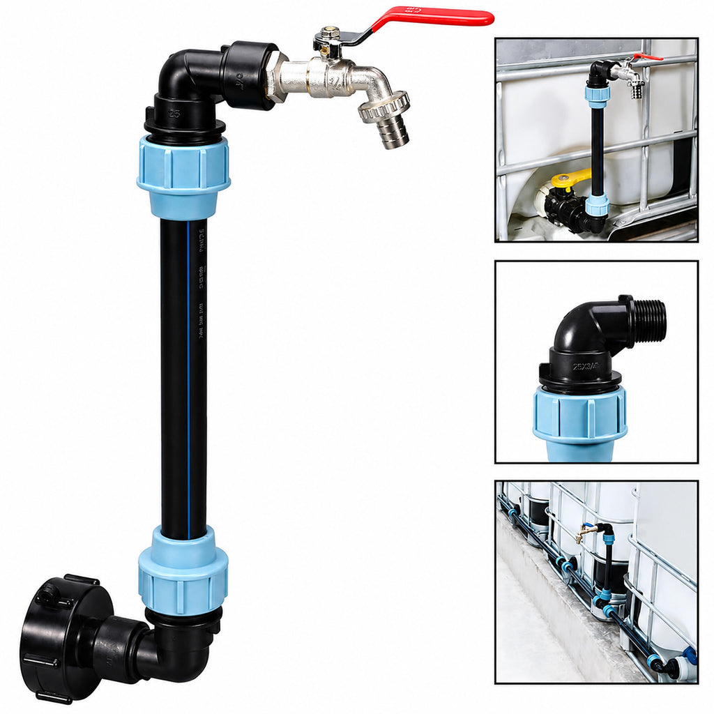 IBC–Mauser adapterite komplekt koos luigekaela kraani ja 3/4 ventiiliga