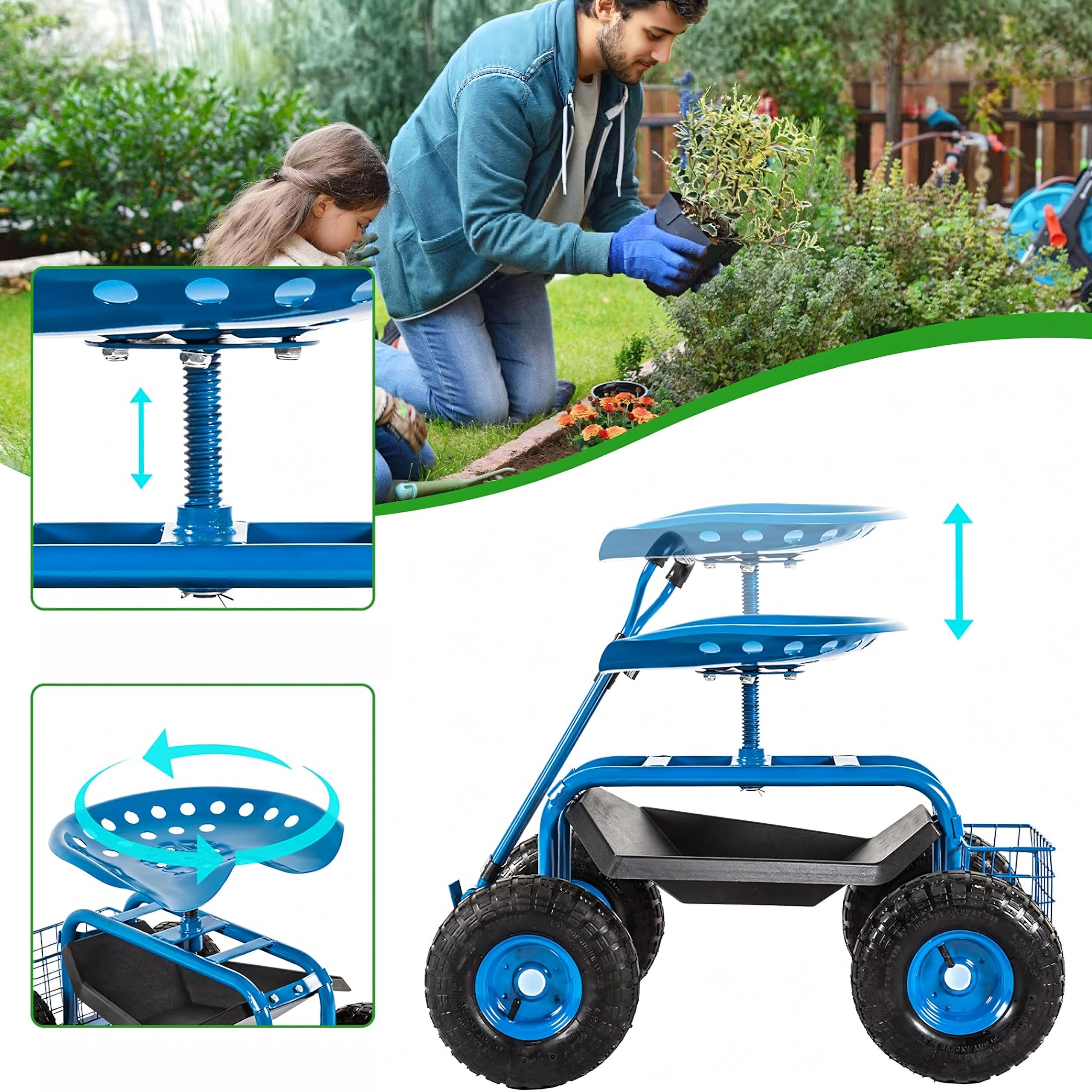 Rotating Garden Cart 360° Seat Stool on Wheels with Basket 24 pcs